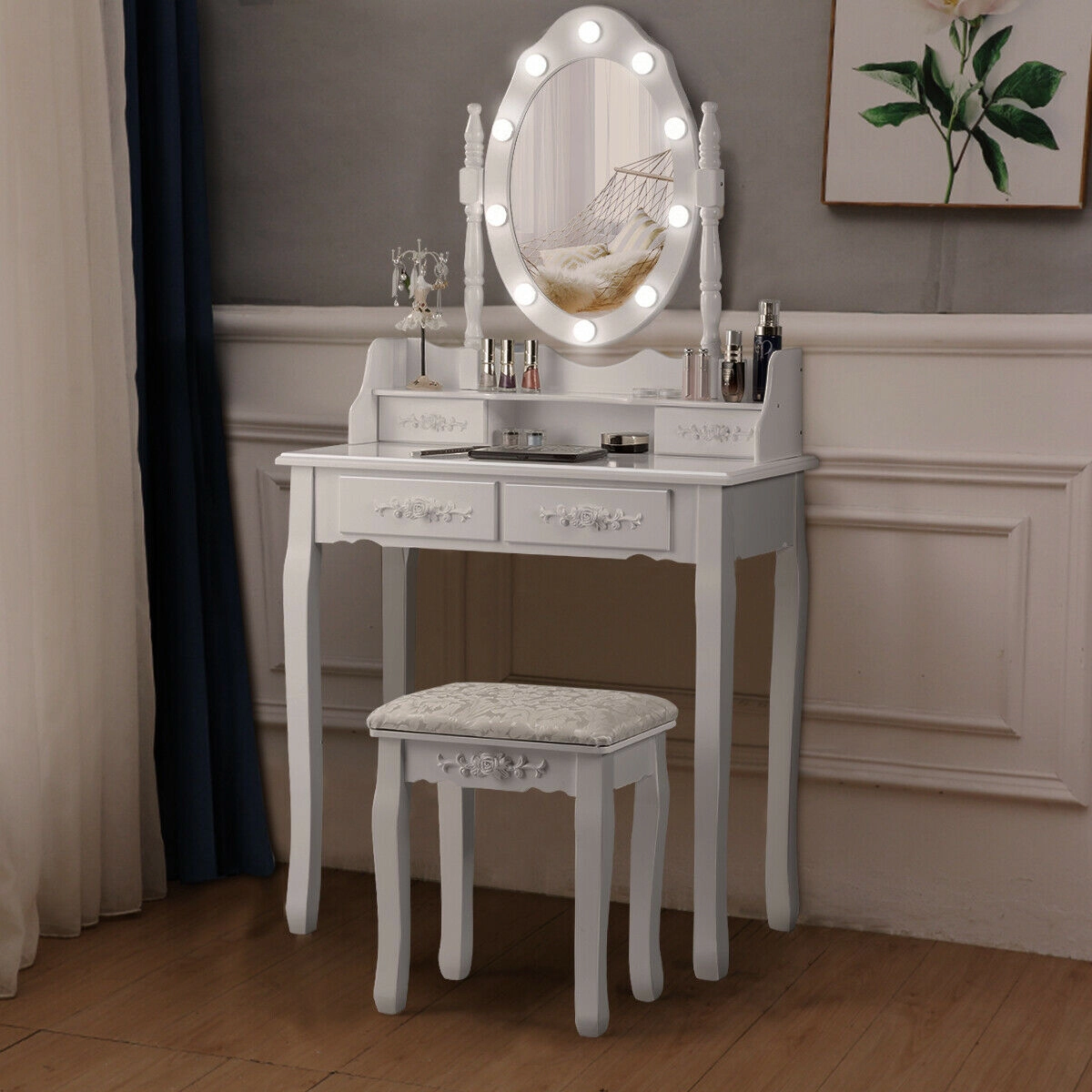 SUGIFT White 10 Dimmable Bulbs 4 Drawers and Cushioned Stool Makeup Vanity Dressing Table Set
