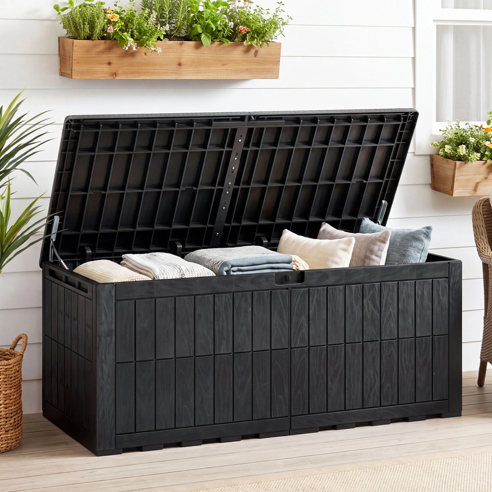 SUGIFT 180 Gal Outdoor Deck Box All-Weather Lockable Storage Bin with Lid and Handles 620-lb Seating Capacity Black