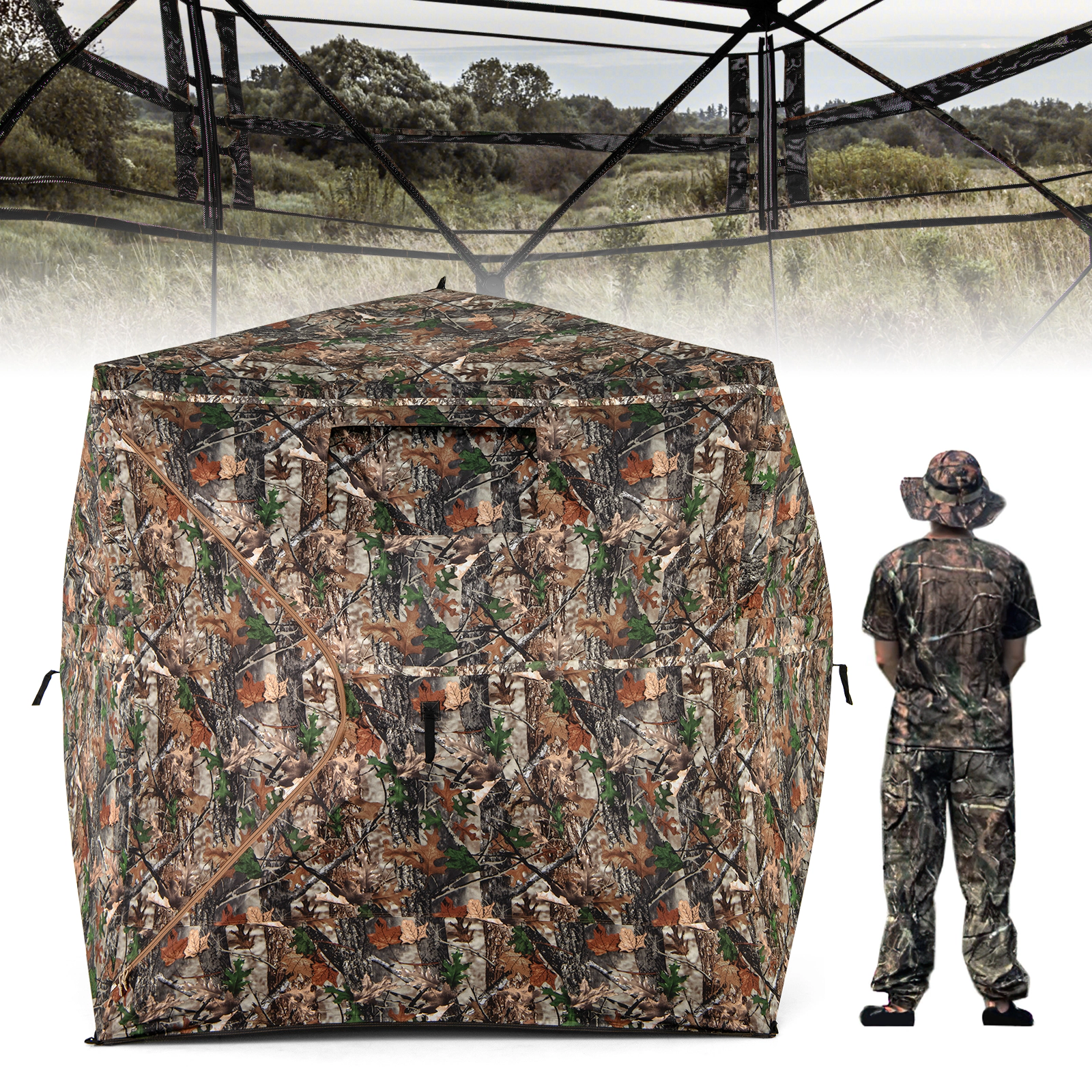 SUGIFT Green Camouflage 270-Degree Hunting Blind Tent with 3 Windows for 3-4 Hunters 72-in W 72-in D 82-in H