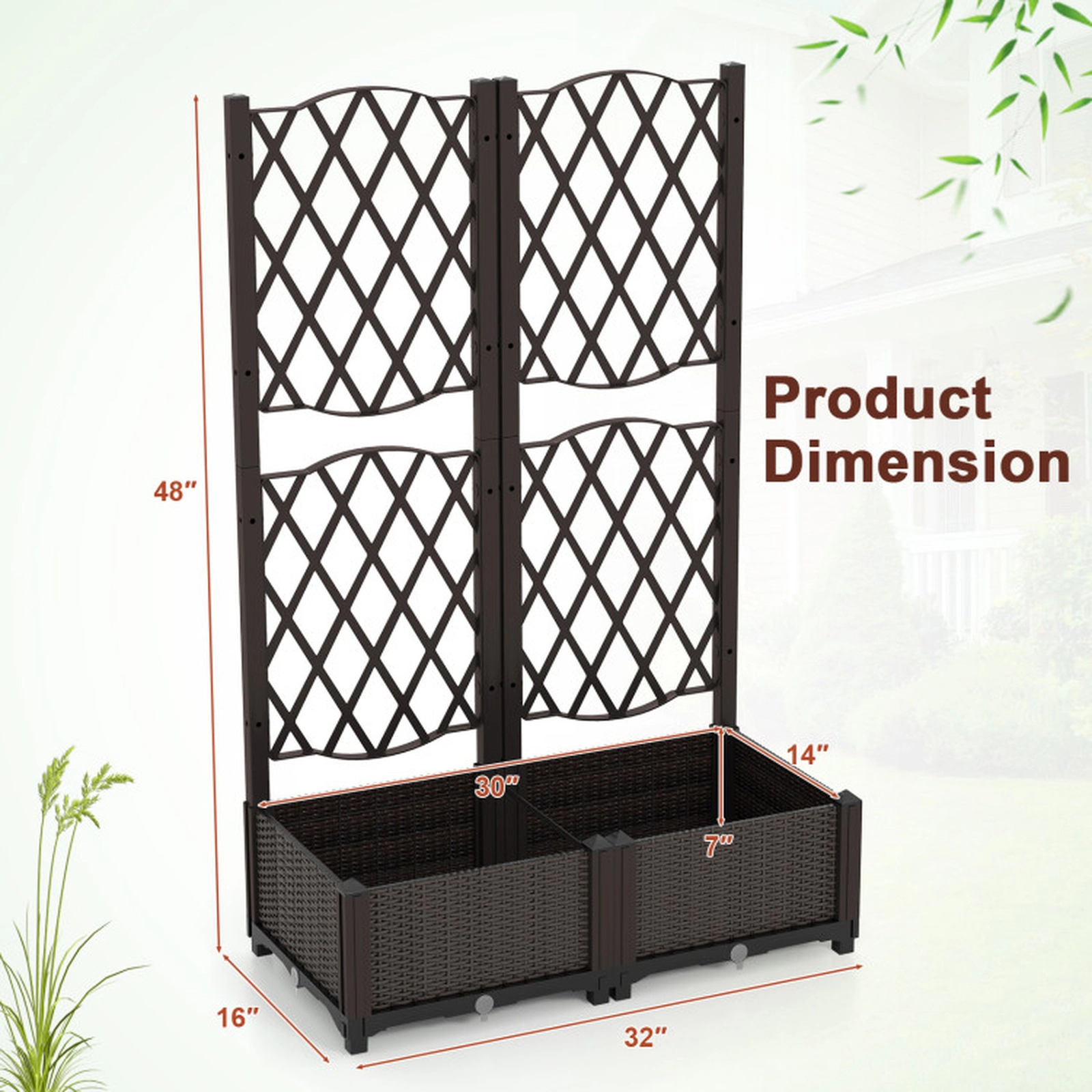 SUGIFT Set of 2 Rattan-Style Raised Garden Bed with Trellis Planter Box 176-lb Box Capacity 32-in Tall Brown