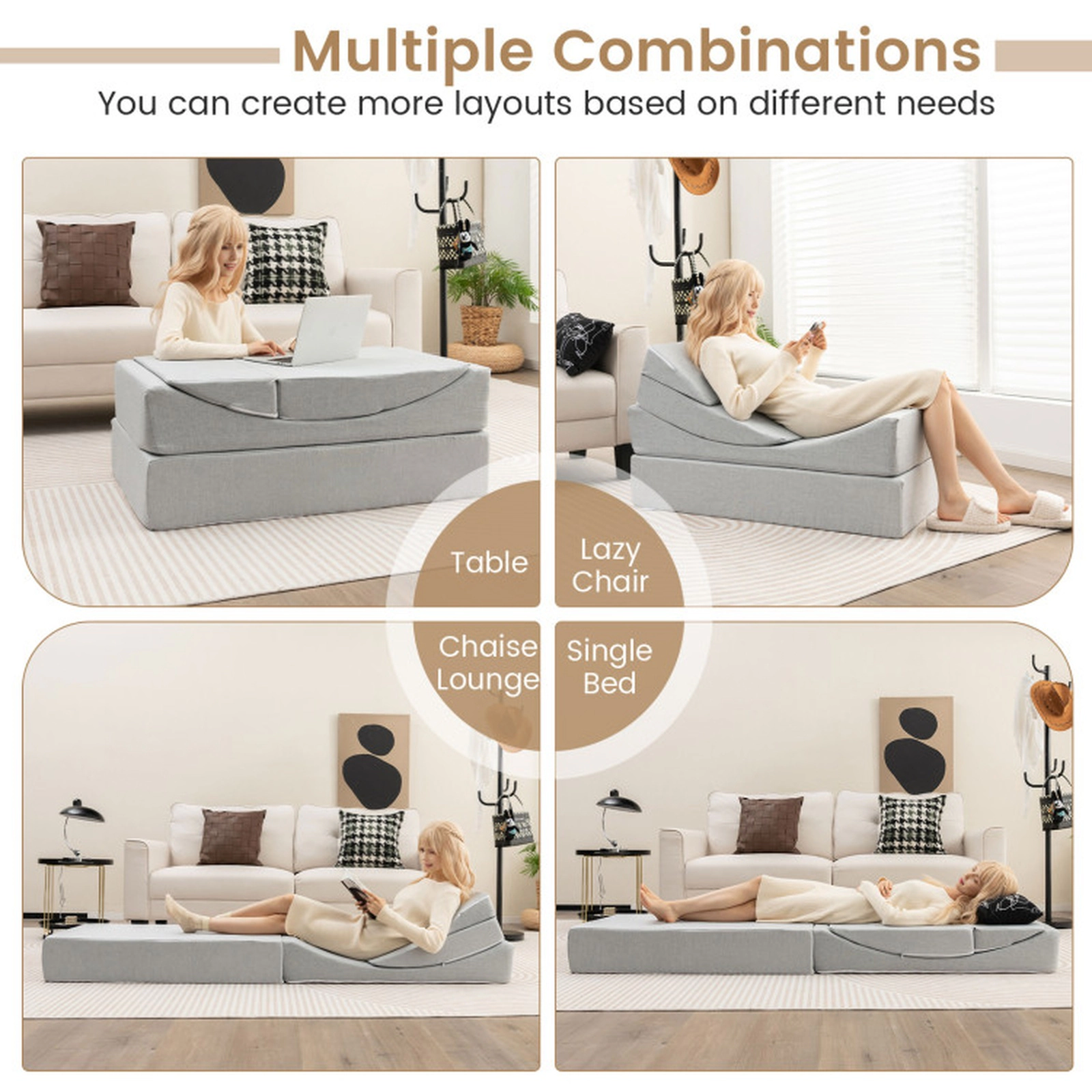SUGIFT 4-in-1 Convertible Folding Sofa Bed High-Density Foam Single Bed Chaise Lounge 79 x 23 x 7-in Bed Gray