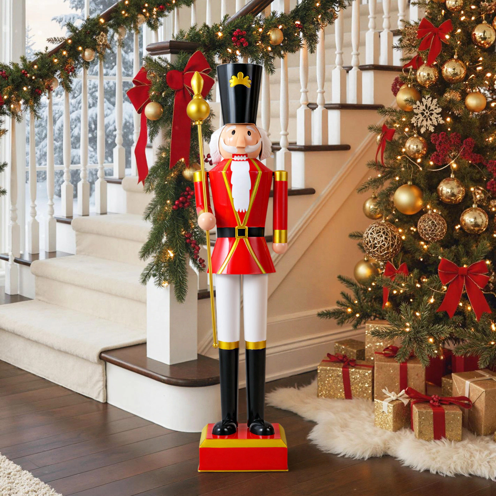 SUGIFT 4-ft Christmas Nutcracker with High Hat and Scepter Holiday Decor Figure Red Black Golden