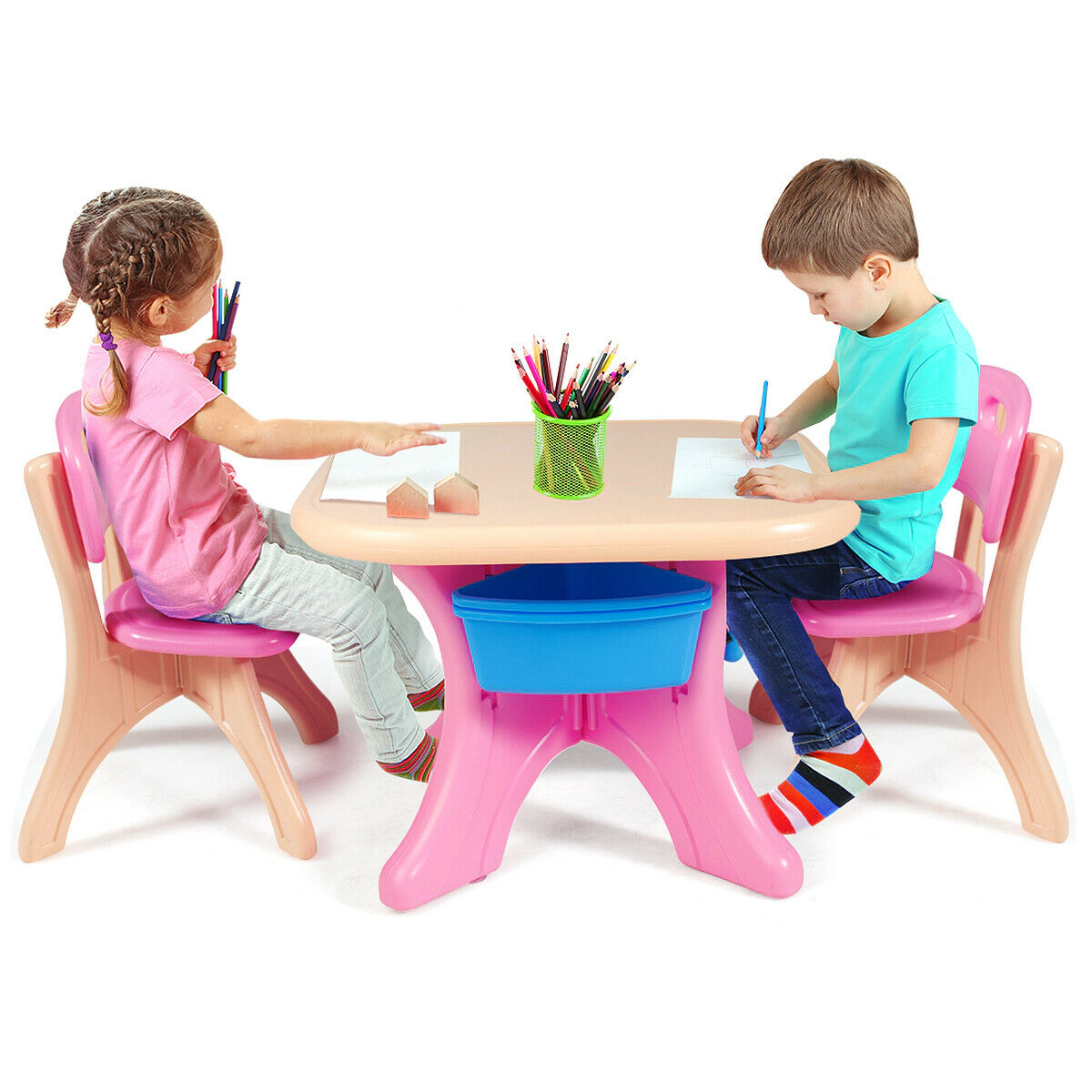 SUGIFT 4 Storage Boxes Indoor Outdoor 3-Piece Kids Plastic Play Table and Chair Set