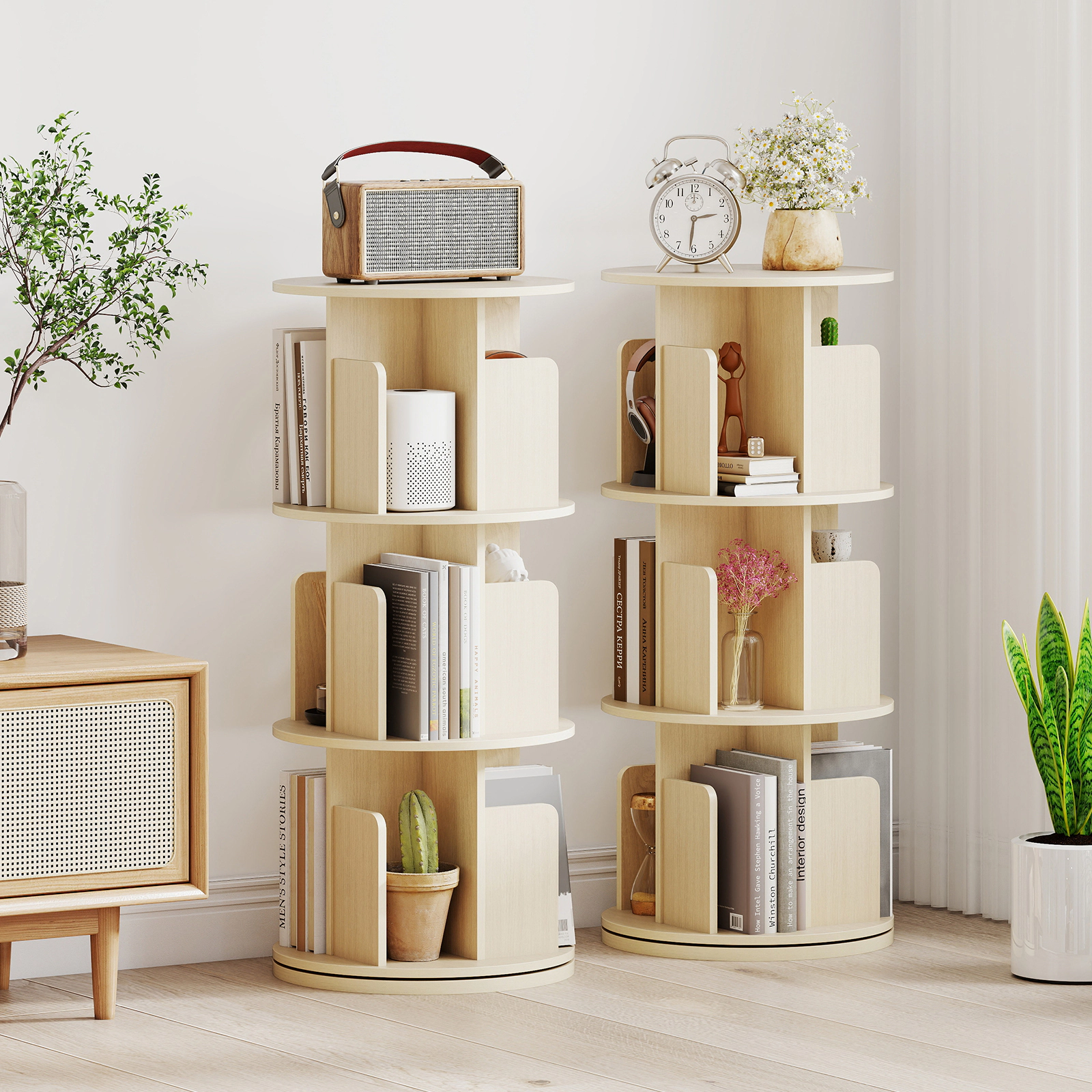 SUGIFT 3-Tier 38.5-in Rotating Bookshelf with 360-Degree Swivel Base Dividers and Anti-Falling Baffles