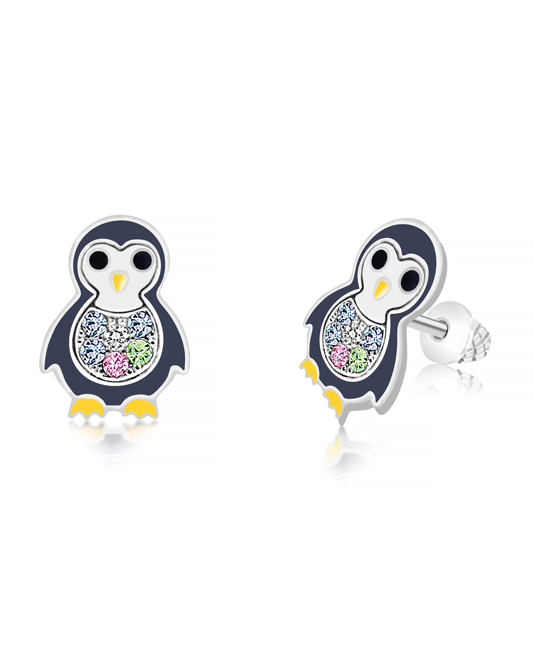 Chanteur Girls Penguin Crystal Stud Earrings - White Gold Palladium Plating, Screw Back