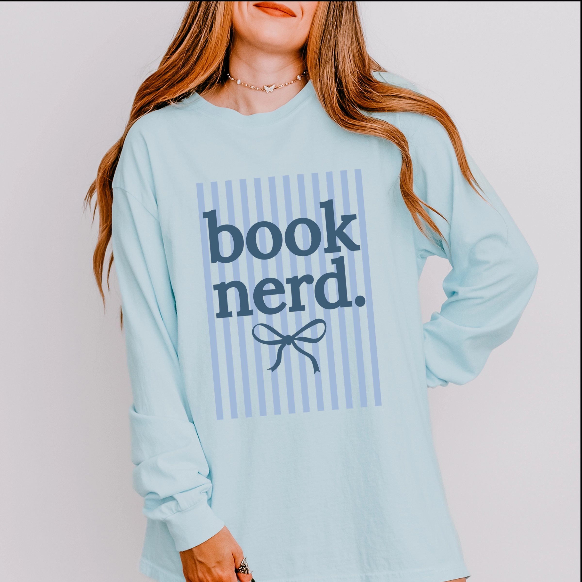 Simply Sage Market - Blue Book Nerd Stripes Women's Garment Dyed Long Sleeve Graphic T-Shirt