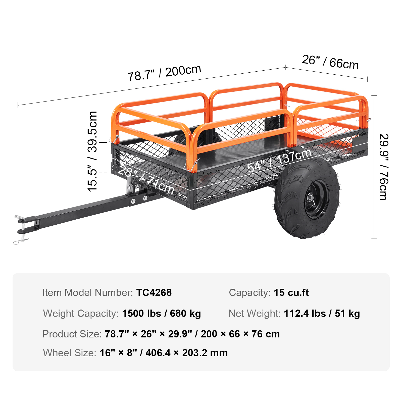 HONGGE Heavy-Duty Steel Tow-Behind ATV Dump Trailer, 1500 lb Capacity, 15 Cu. Ft. Bed for Tractors, Mowers, UTV