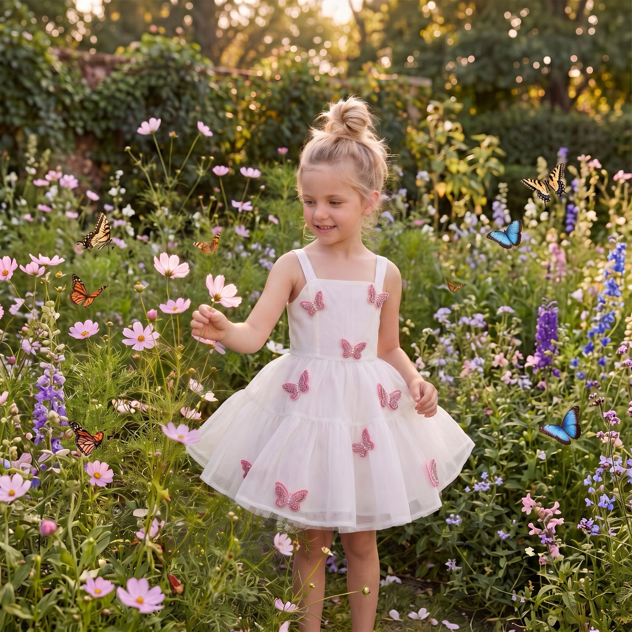 2Bunnies Girls 4T-10Y Sparkling Organza 3D Butterfly Appliqués Tiered Party Dress
