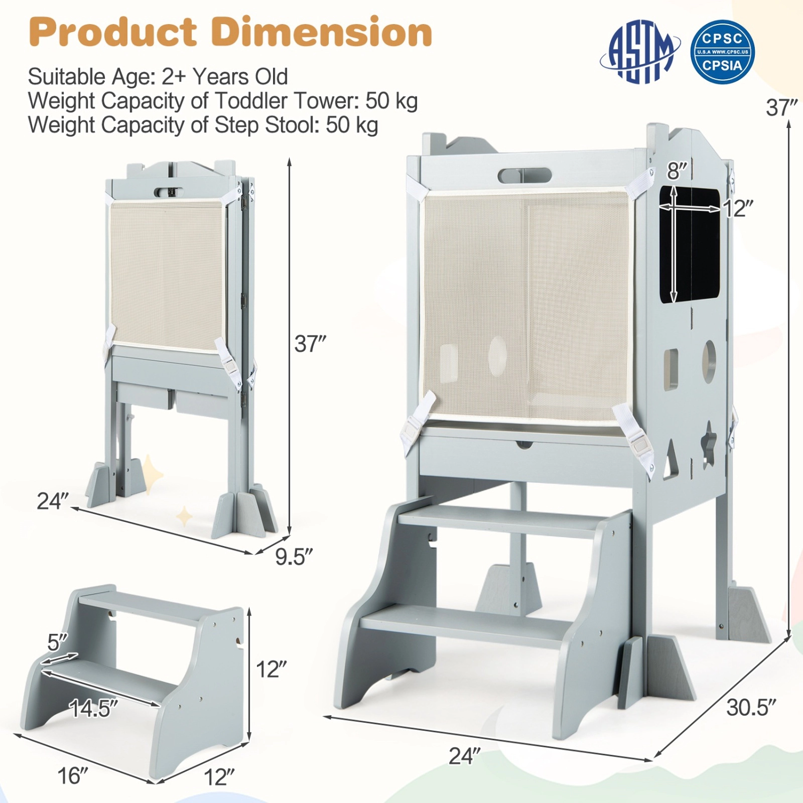 SUGIFT Foldable Toddler Standing Tower and 2-Step Stool with Chalkboards 110-lb Capacity Ages 2+ Gray/White
