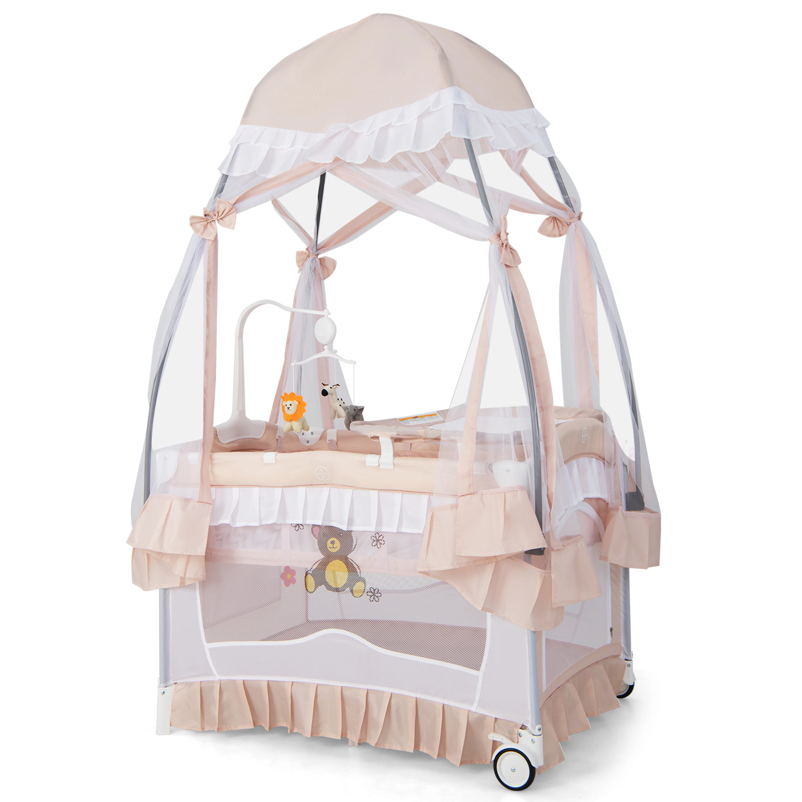 SUGIFT Convertible Bassinet Playard with Removable Changing Table & Detachable Mesh Net 33-lb Playpen Capacity Ages 0-36