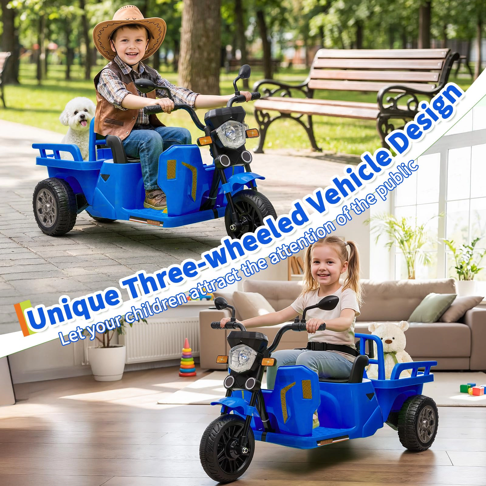 12V Kids Ride On Motorcycle Tricycle with Trailer, Bluetooth Music, LED Light & Dual Motors for Ages 3-8