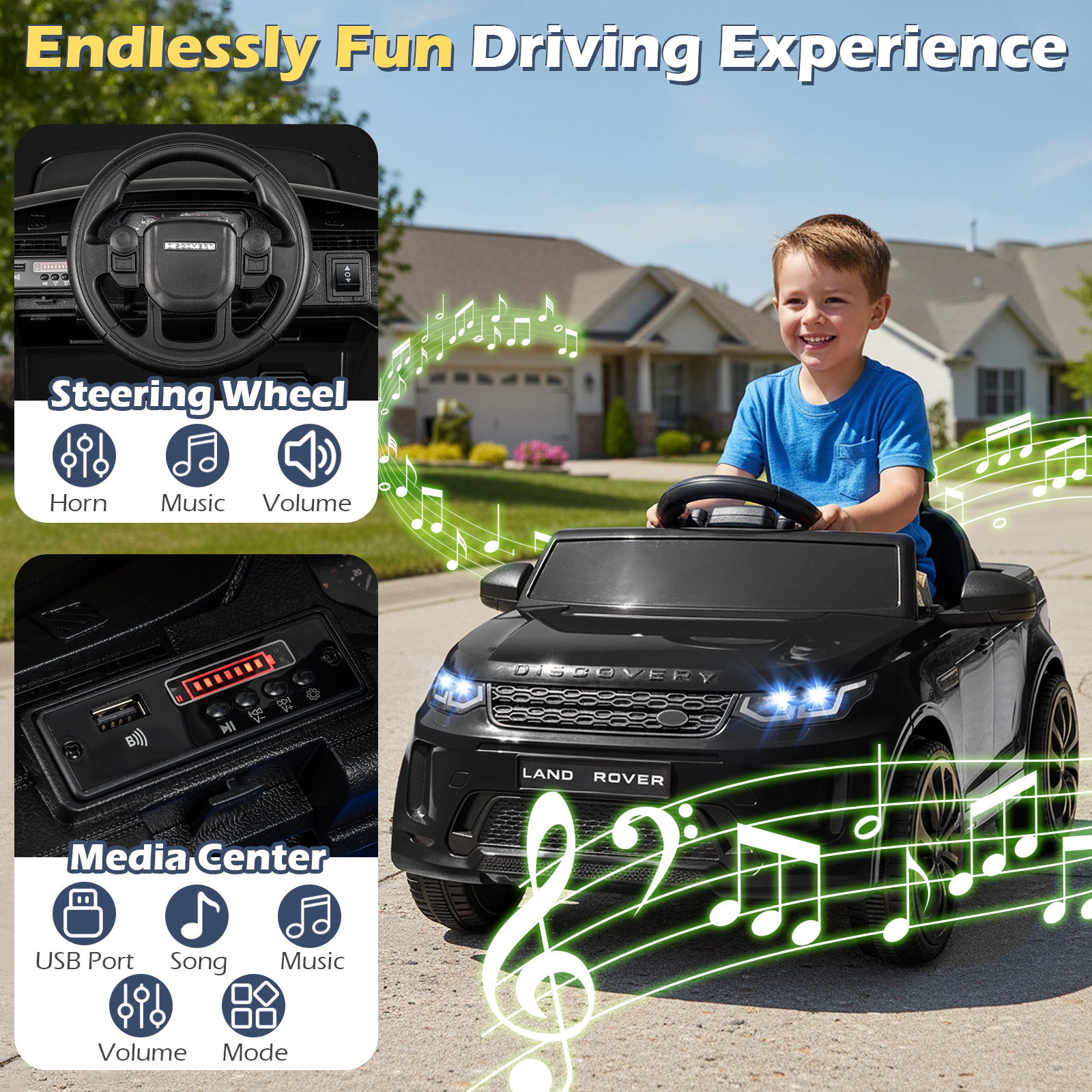 SUGIFT 12V Black Kids Ride-On Car with Licensed Land Rover Body Remote Control and USB 38-in W 66-lb Rider