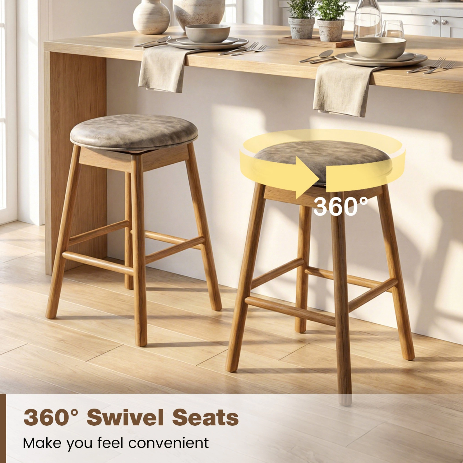 SUGIFT 360° Swivel Counter Height Bar Stools with Footrests 290-Lb Capacity 25-in Seat Height Natural and Gray Set of 2