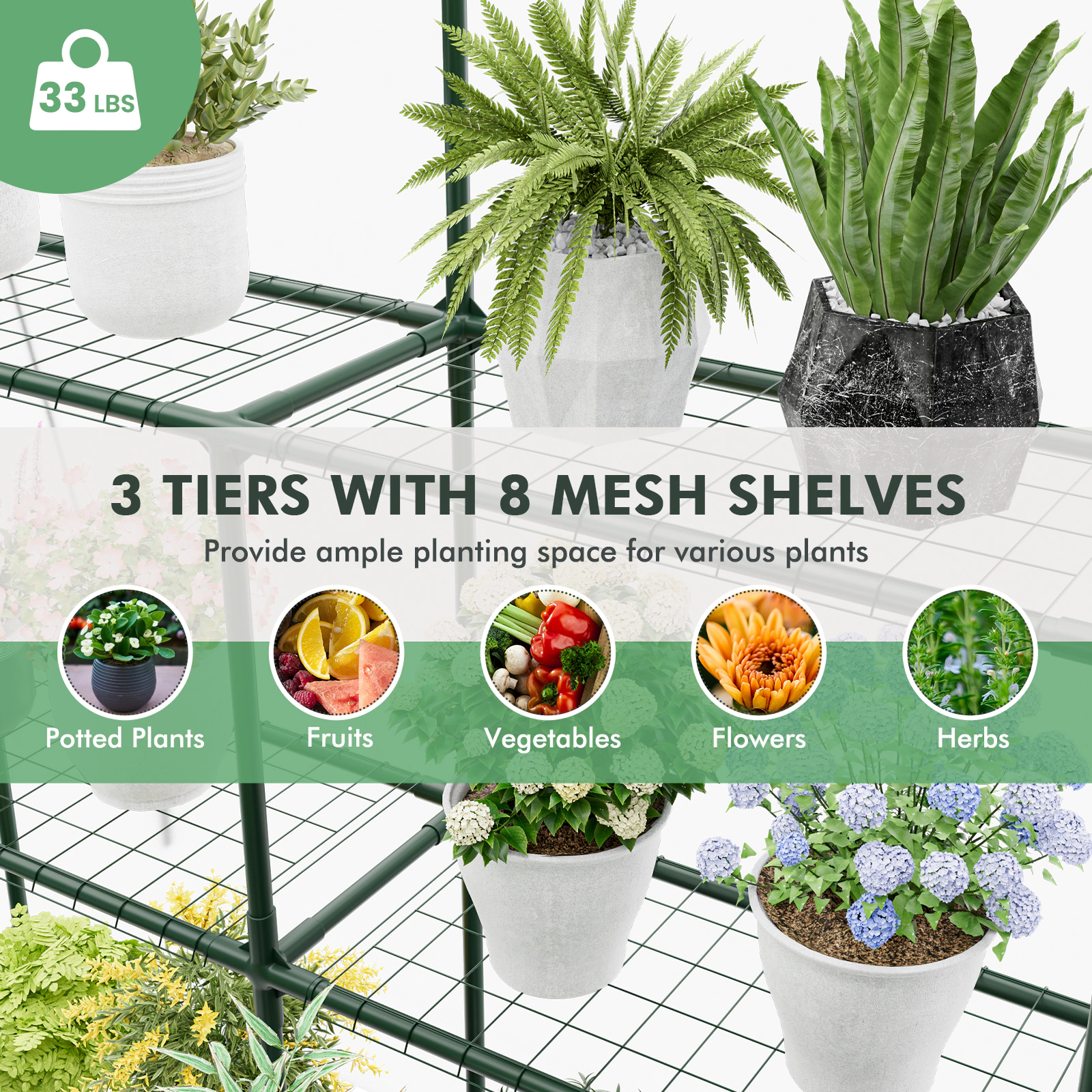 SUGIFT Walk-in Greenhouse with 3 Tiers 8 Mesh Shelves Clear PVC Cover and Roll-Up Zippered Door