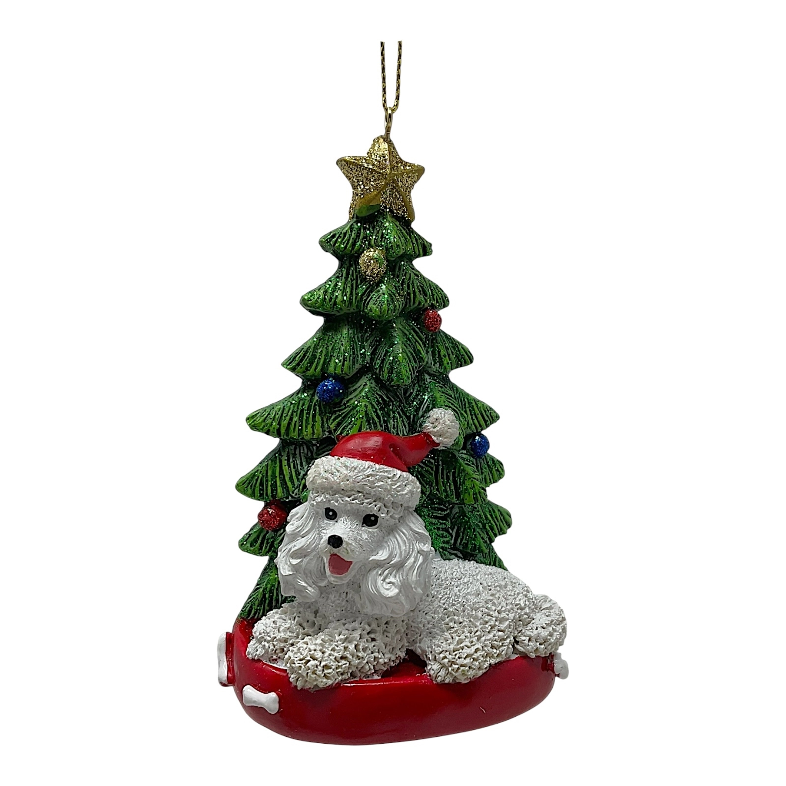 Kurt Adler White Poodle Dog Wearing Santa Hat with Christmas Tree Resin Ornament 4.25 inch