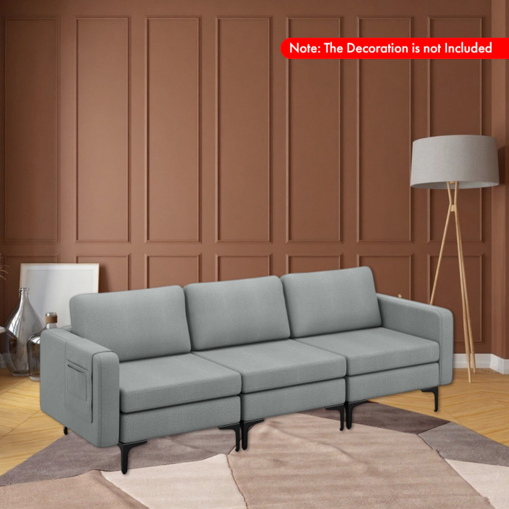 Hivvago 3-Seater Sectional Couch with Metal Legs and Side Armrest Magazine Pocket