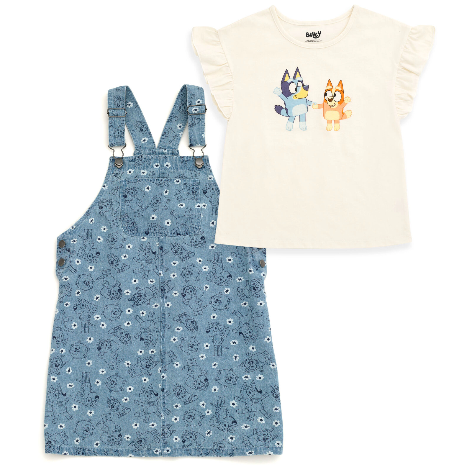 Bluey Girls' 2-Piece Tee and Denim Overall Dress Set