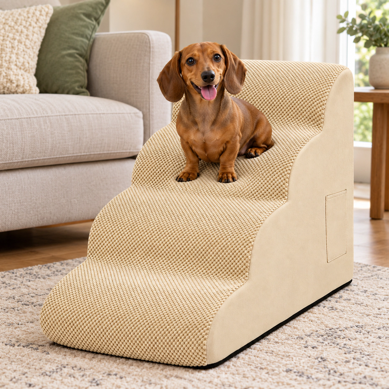 SUGIFT Beige 4-Tier Foam Dog Stairs with Washable Zippered Cover 28.5-in W 16-in D 20-in H 132-lb Step Capacity