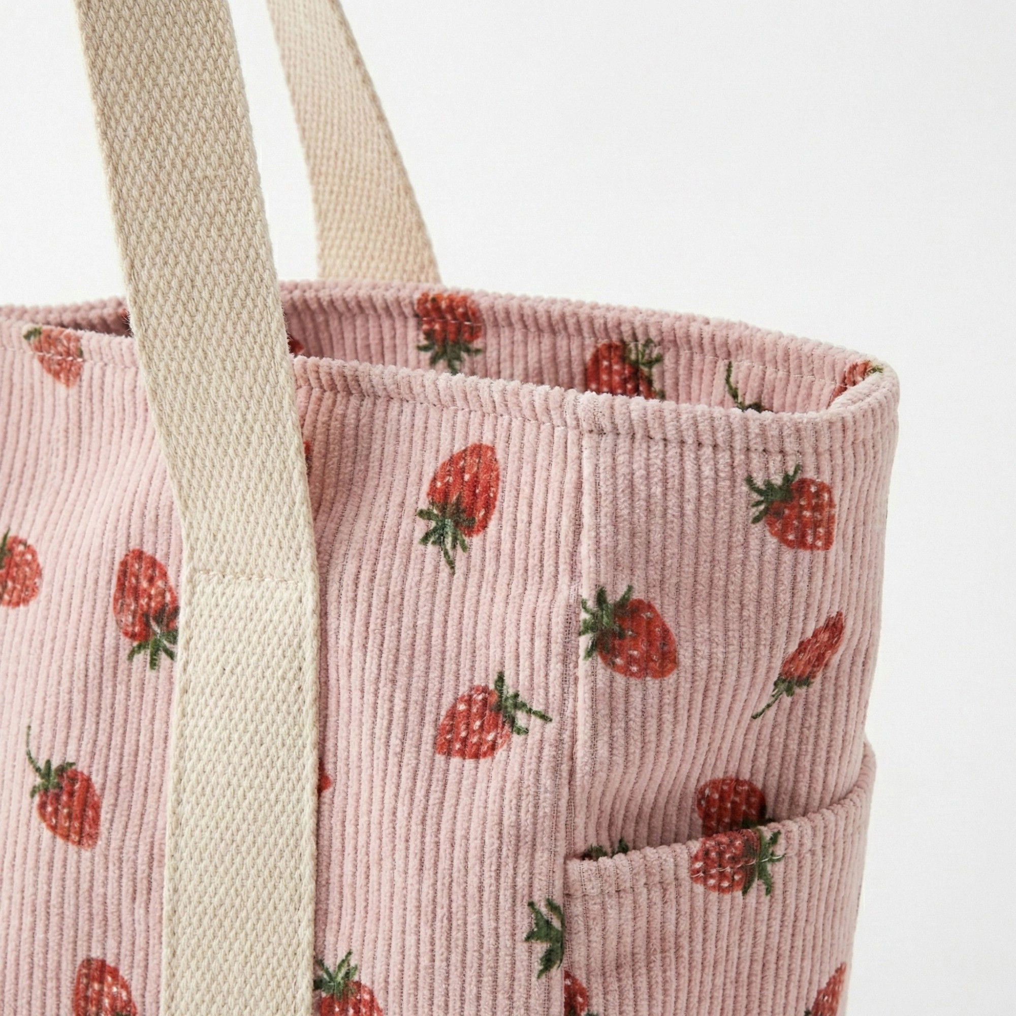 Alilang Women's Strawberry Print Corduroy Tote Bag with Double Shoulder Straps and Front Snap Pocket 11.8x7.8x3.7in