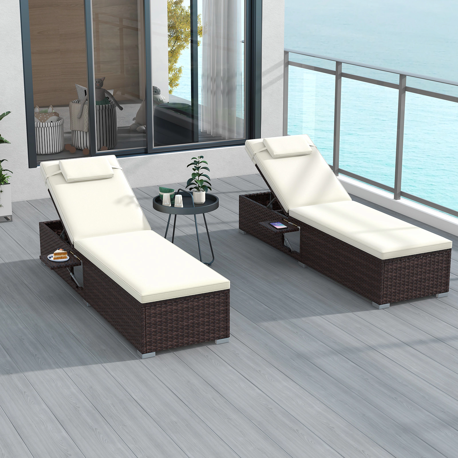 SUGIFT 400-lb Capacity Off White 6-Level PE Rattan Wicker Outdoor Chaise Lounge with Foldable Side Table