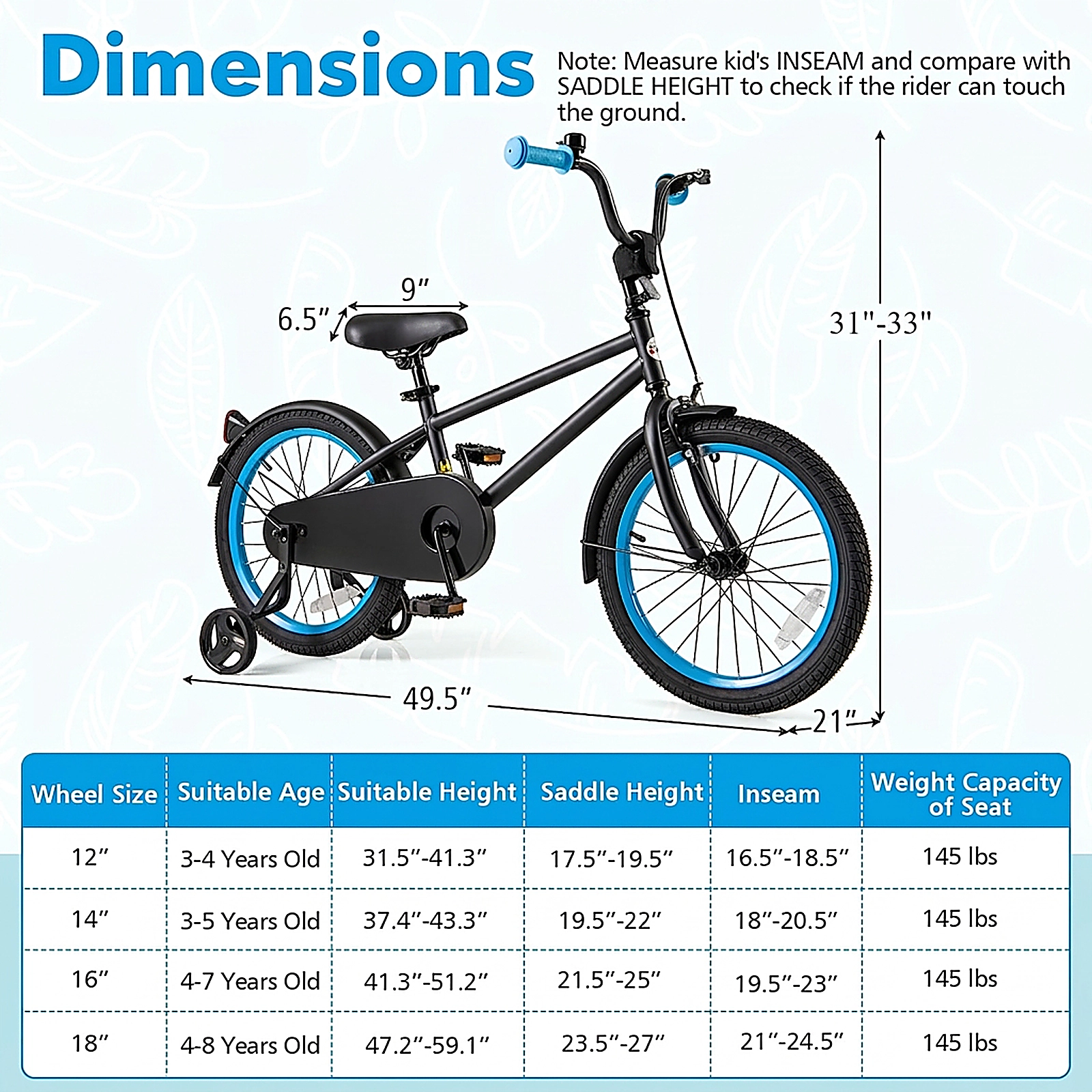 SUGIFT 18 in Kids Bike Black and Blue with Adjustable Saddle and Handlebar