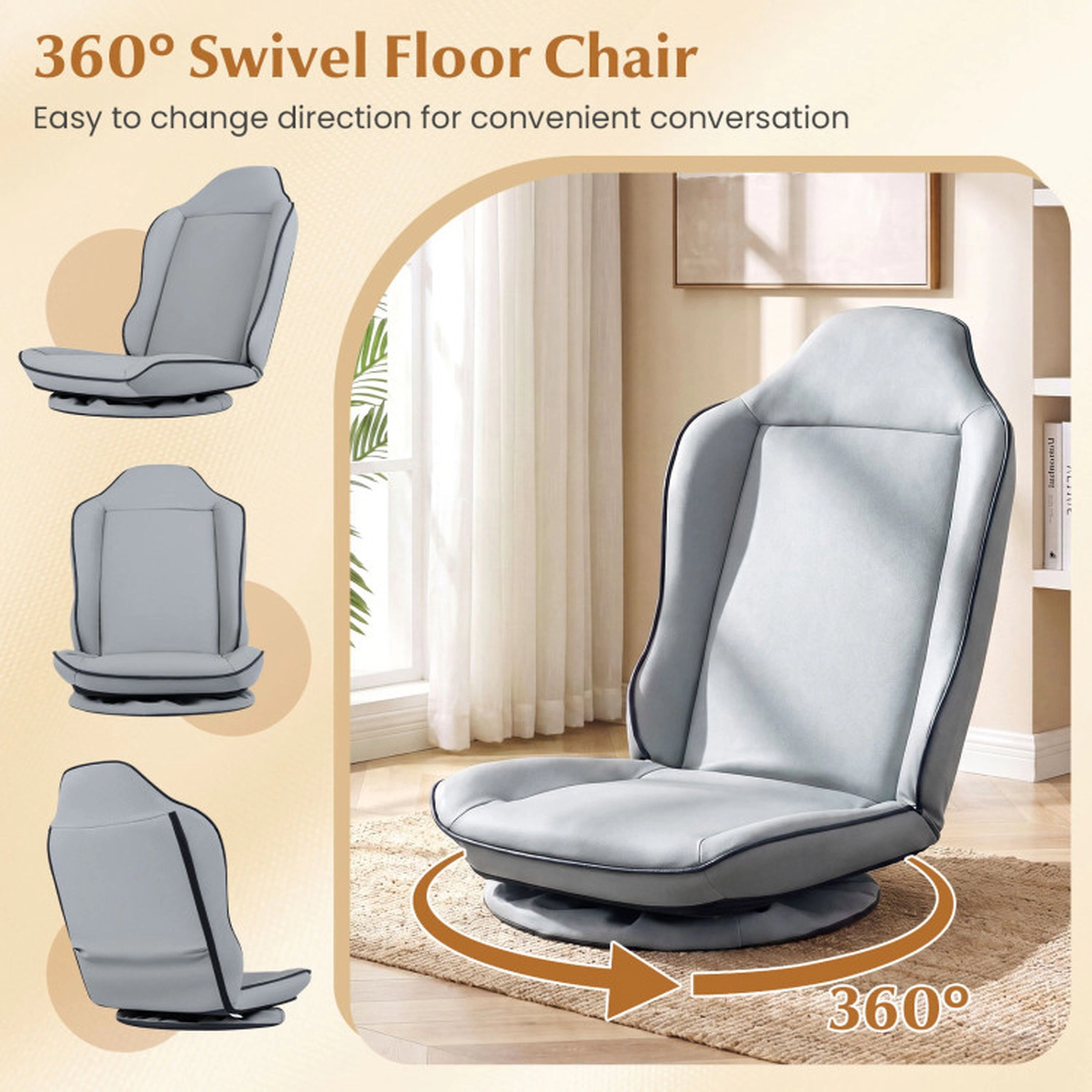 SUGIFT 360-Degree Swivel Floor Chair with 5-Level Adjustable Backrest and Padded Artificial Leather Seat