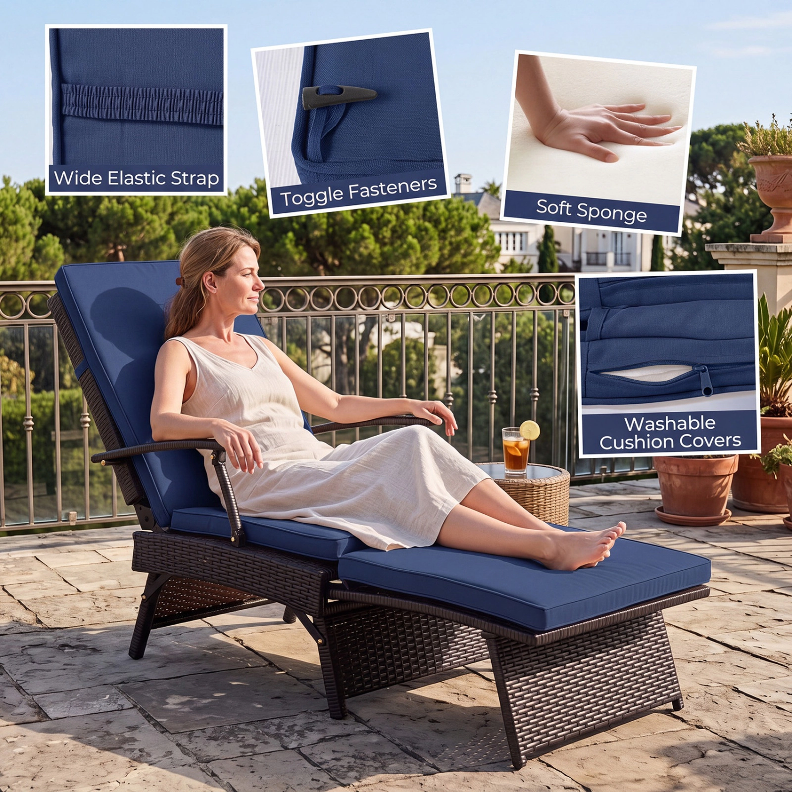 SUGIFT Folding Wicker Chaise Lounge Slide-Out Ottoman 11-Level Adjustable Backrest 400-Lb Capacity Mix Brown Rattan Navy