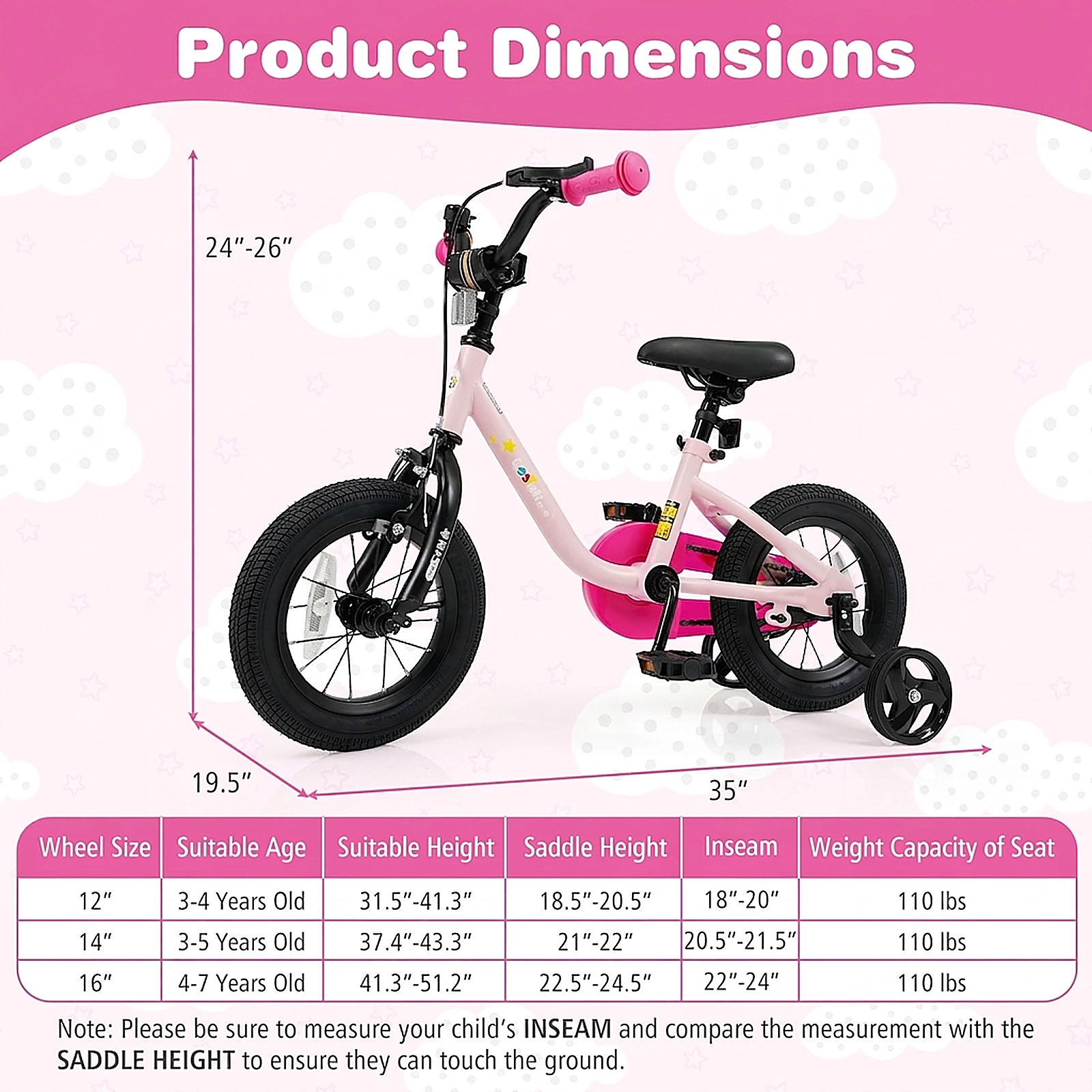 SUGIFT Adjustable Kids Bicycle with Training Wheels 110-lb Seat Capacity Ages 3-4 Years 35-in Frame Pink 12-Inch Wheel