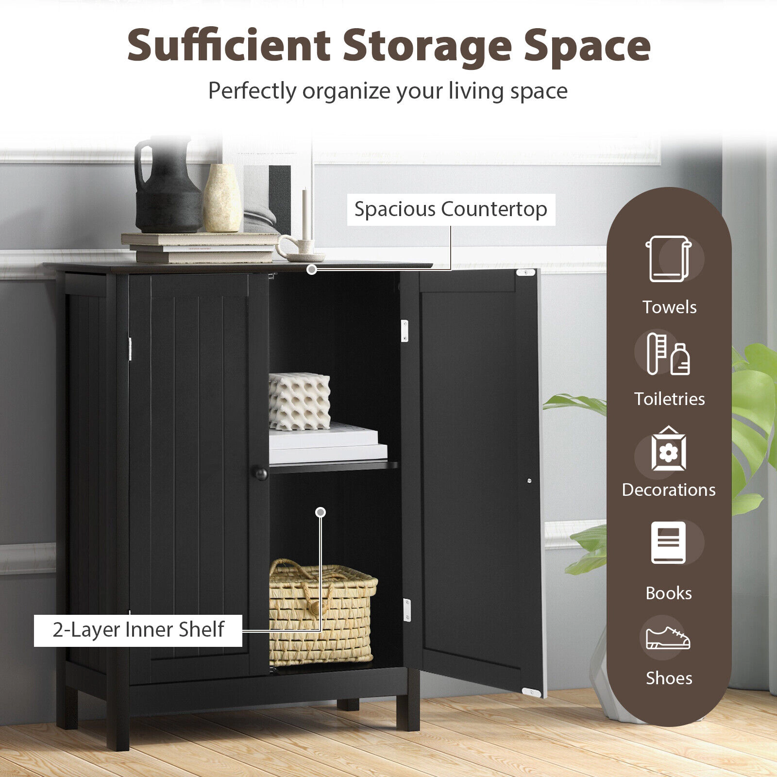 Glintex 2-Door Freestanding Bathroom Cabinet with Raised Base and Magnetic Catches