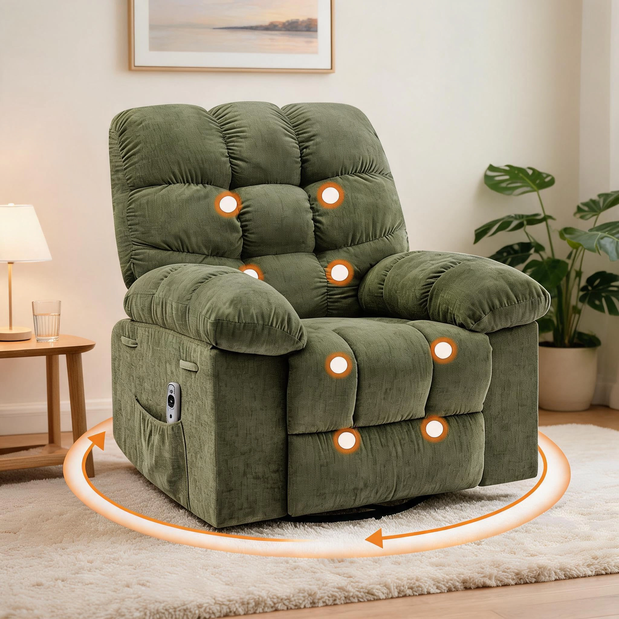 BebreezChic Heated 360° Swivel Rocking Massage Recliner Chair,GREEN