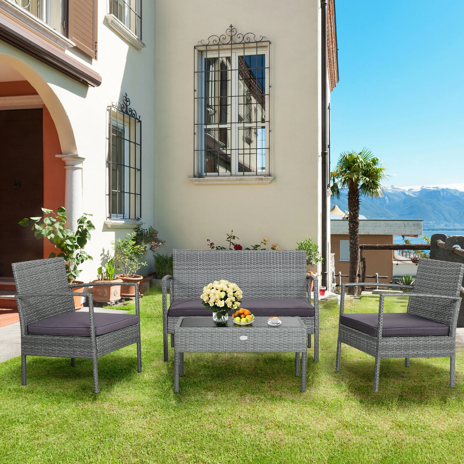 SUGIFT Gray Loveseat and Glass Coffee Table 4-Piece Outdoor Rattan Conversation Set