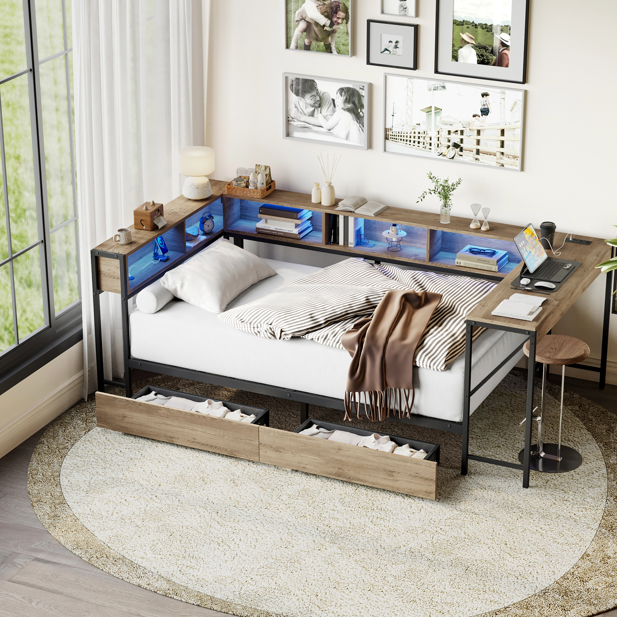 Flynama Twin Corner Bed with Bookcase, 2 Drawers, LED Light & Charging Station, Grey
