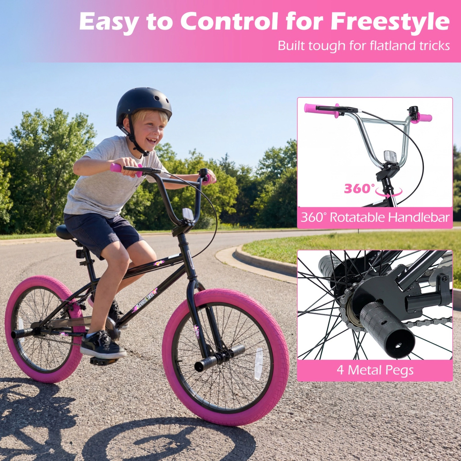 SUGIFT 270 Degree Steering Trick Bicycle with 20-In Wheels and Adjustable Seat 110-lb Capacity Ages 8+ Pink