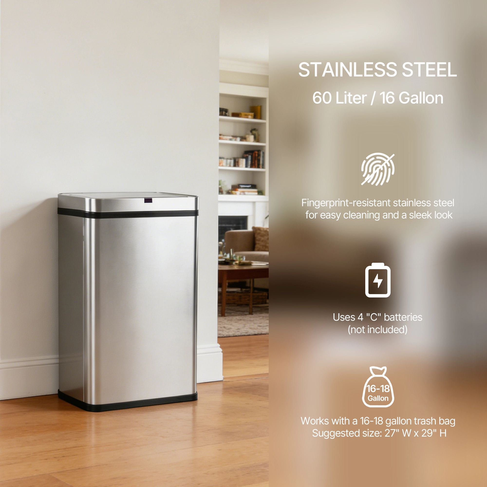 Innovaze 16 Gallon Silver Stainless Steel Motion Sensor Trash Can with Removable and Portable Design