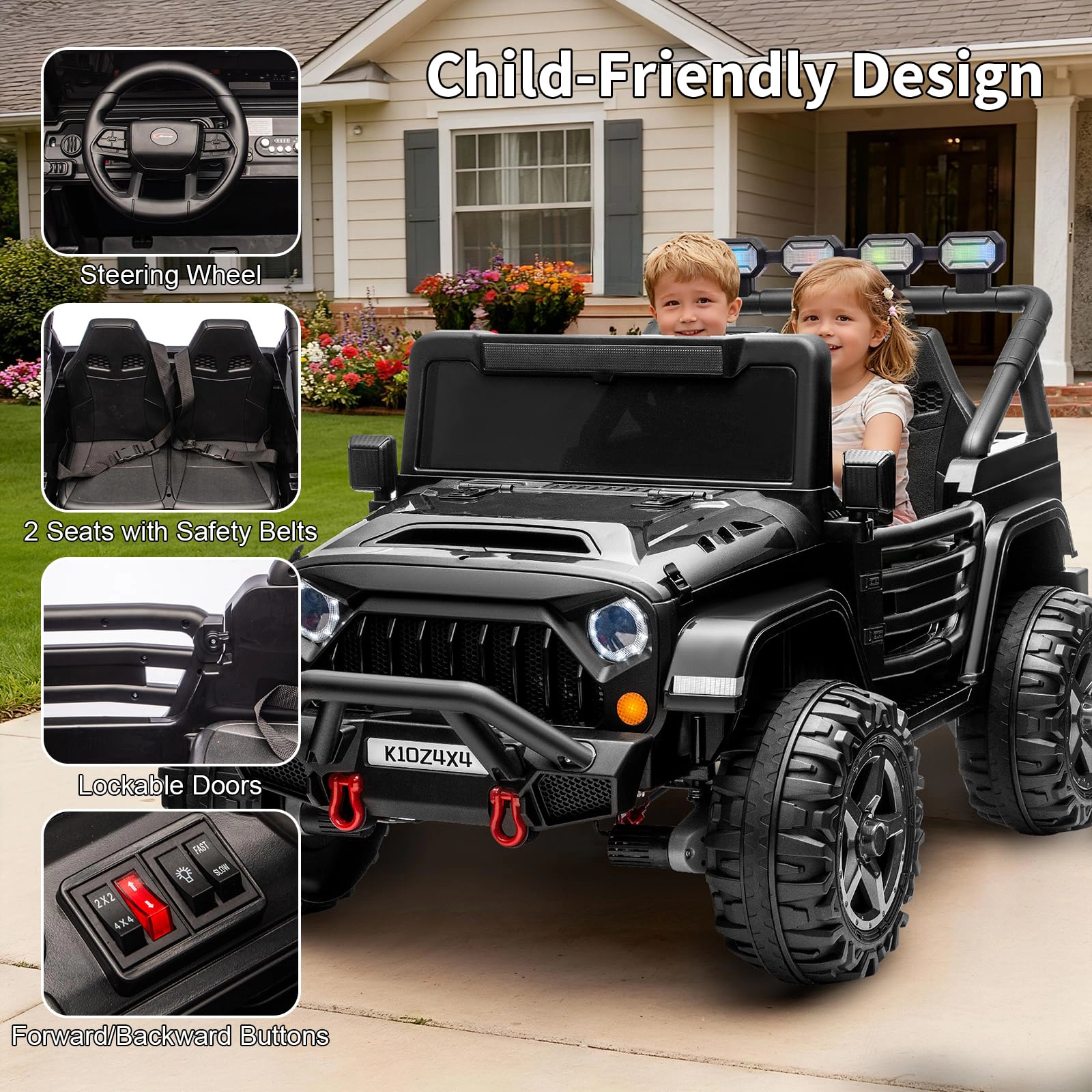 24V 2-Seater Kids Ride On Jeep, 4WD, Dual Motors Battery Powered Electric Vehicles, Remote Control