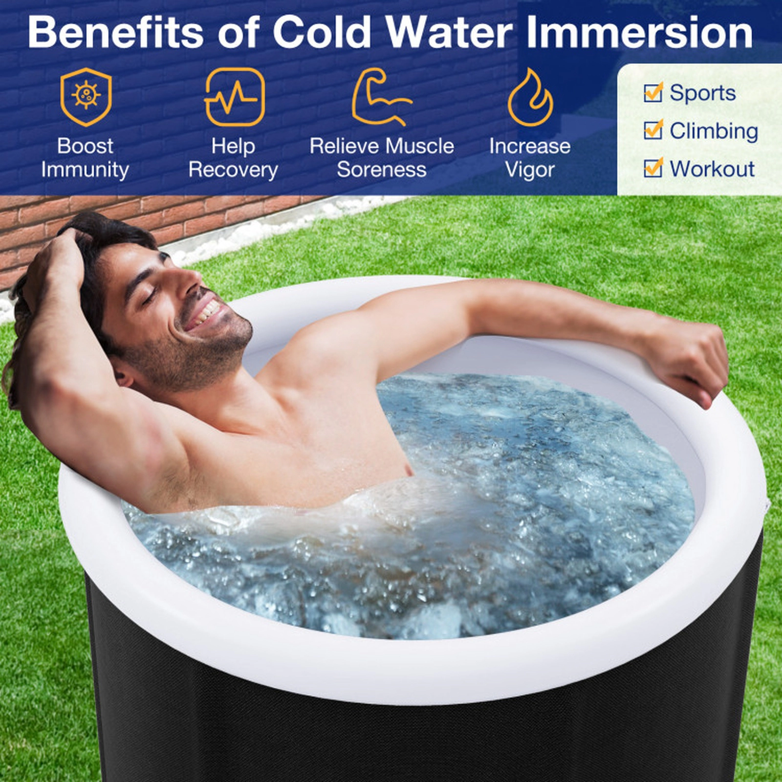 SUGIFT 32 x 29.5 in 66 Gal Outdoor Ice Plunge Tub with Inflatable Lid and Seat Cushion Cold Water Bath Black+White