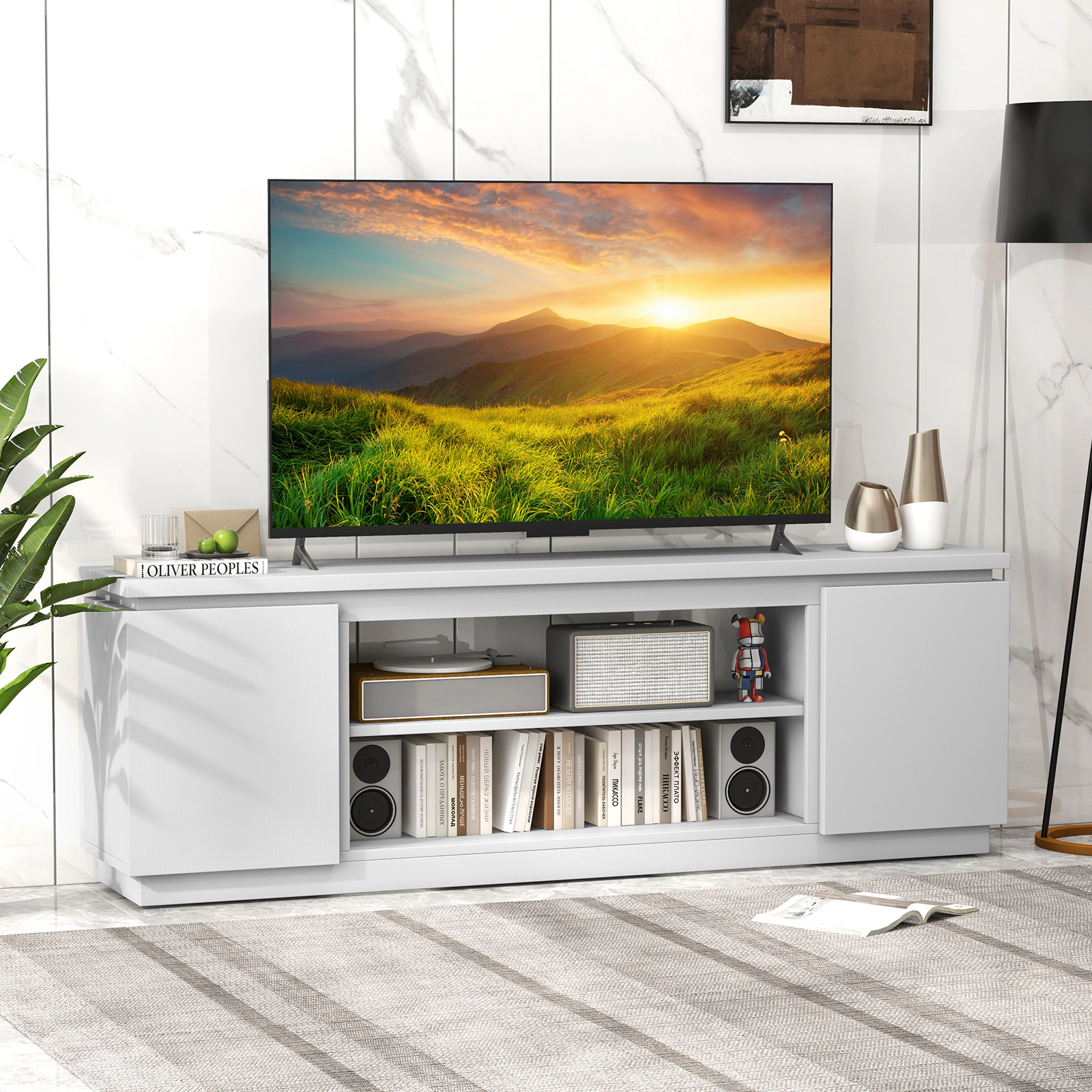 Glintex 70-Inch TV Cabinet with 3 Adjustable Shelves and Soft-Close Doors, White
