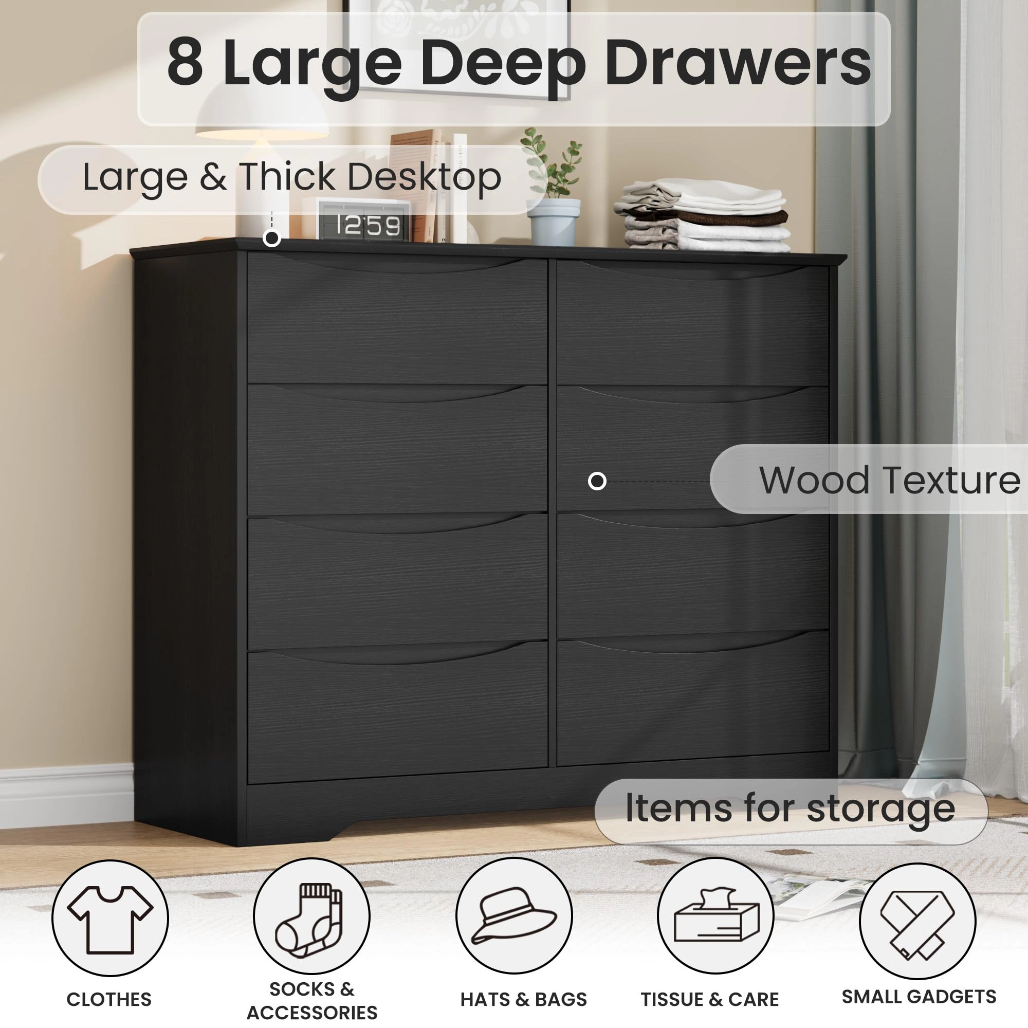 8 Drawer Modern Dresser with Hidden Handles, 47" Wide Large Double Storage Chest for Bedroom Living Room Hallway