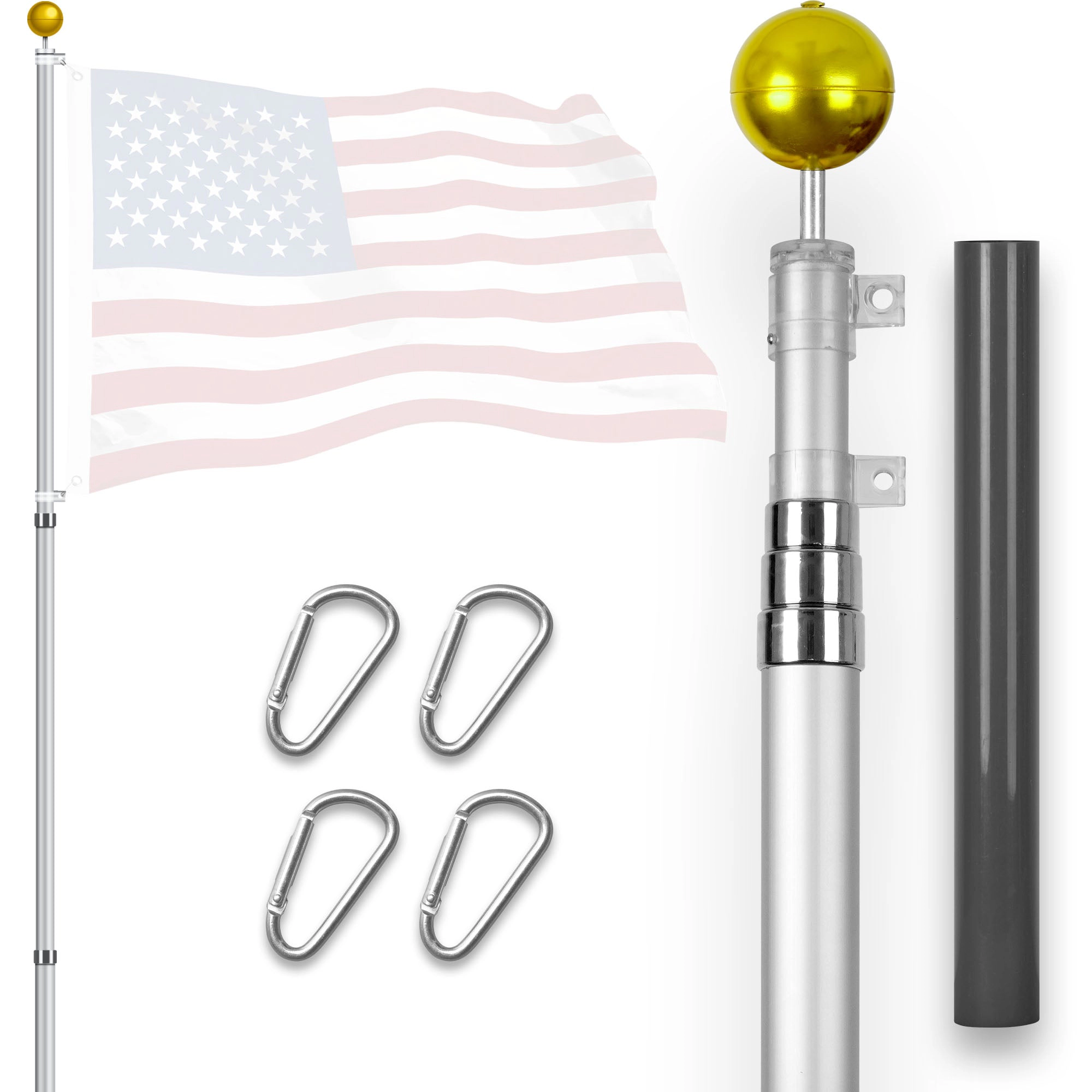 G128 16Ft Telescoping Aluminum Flagpole Silver - Inground Heavy-Duty Telescopic Pole - Flag Not Included