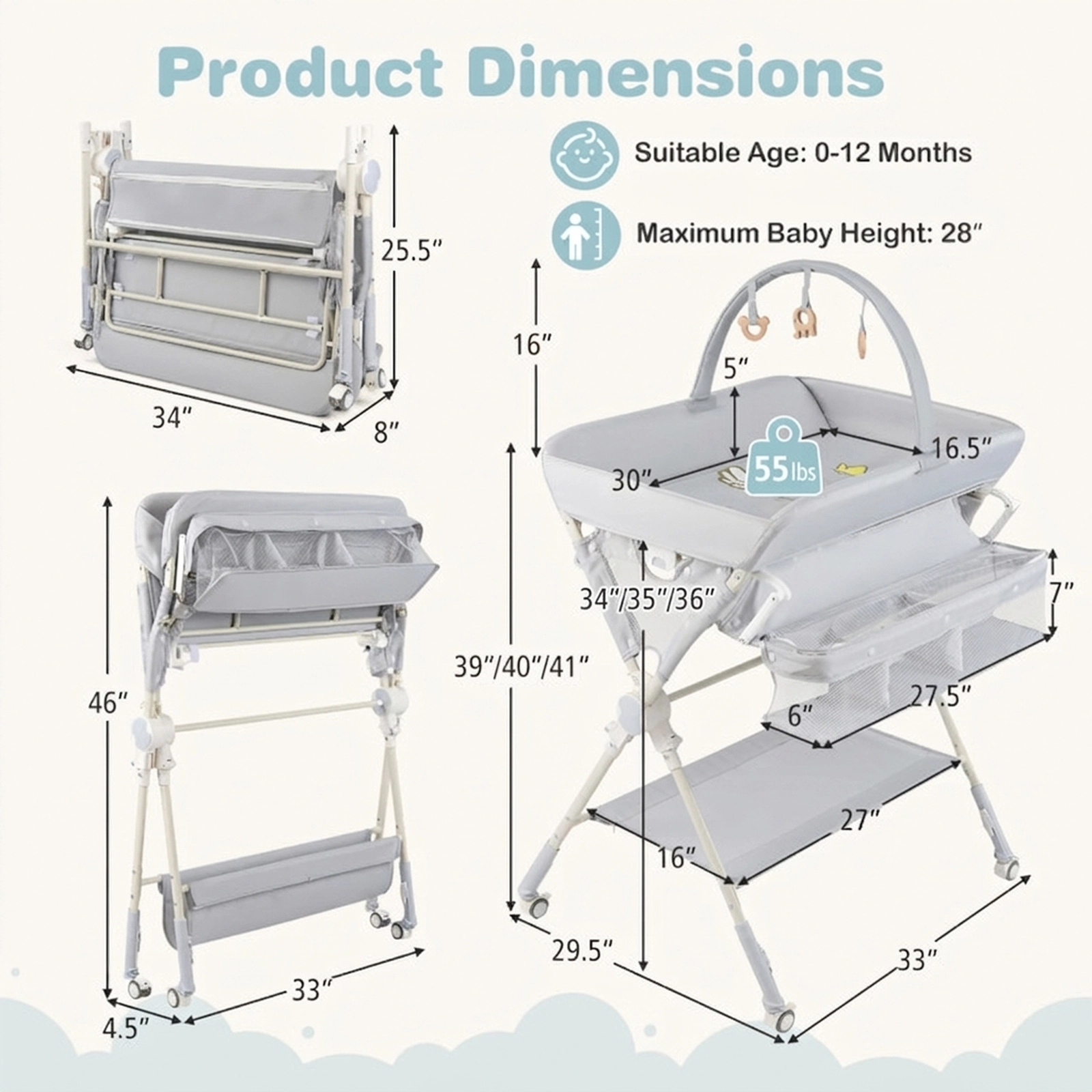SUGIFT Foldable Baby Changing Table Diaper Station with Storage Bag and Shelf 55-lb Capacity Ages 0-12 Months Gray