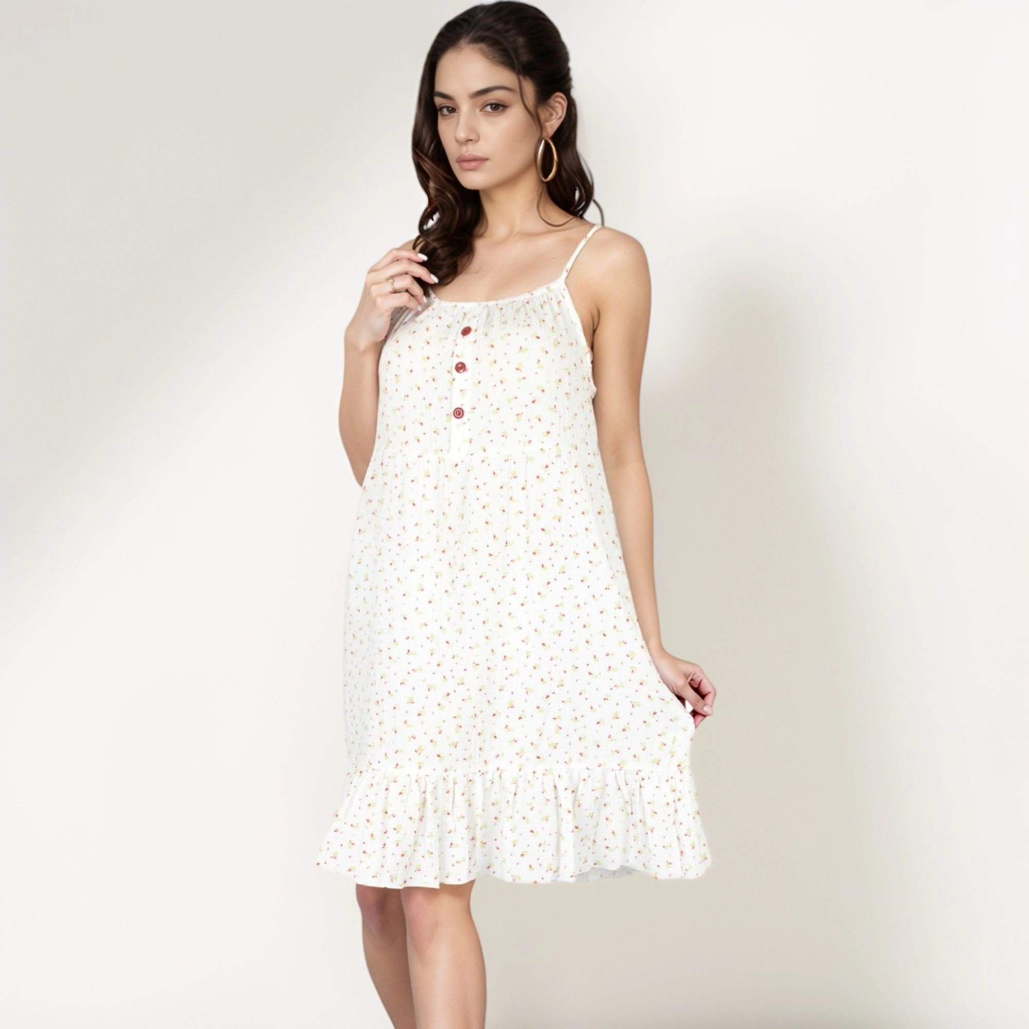 Anna-Kaci Women's Sleeveless Mini Floral Button Front Detail Ruffle Hem Sleepdress