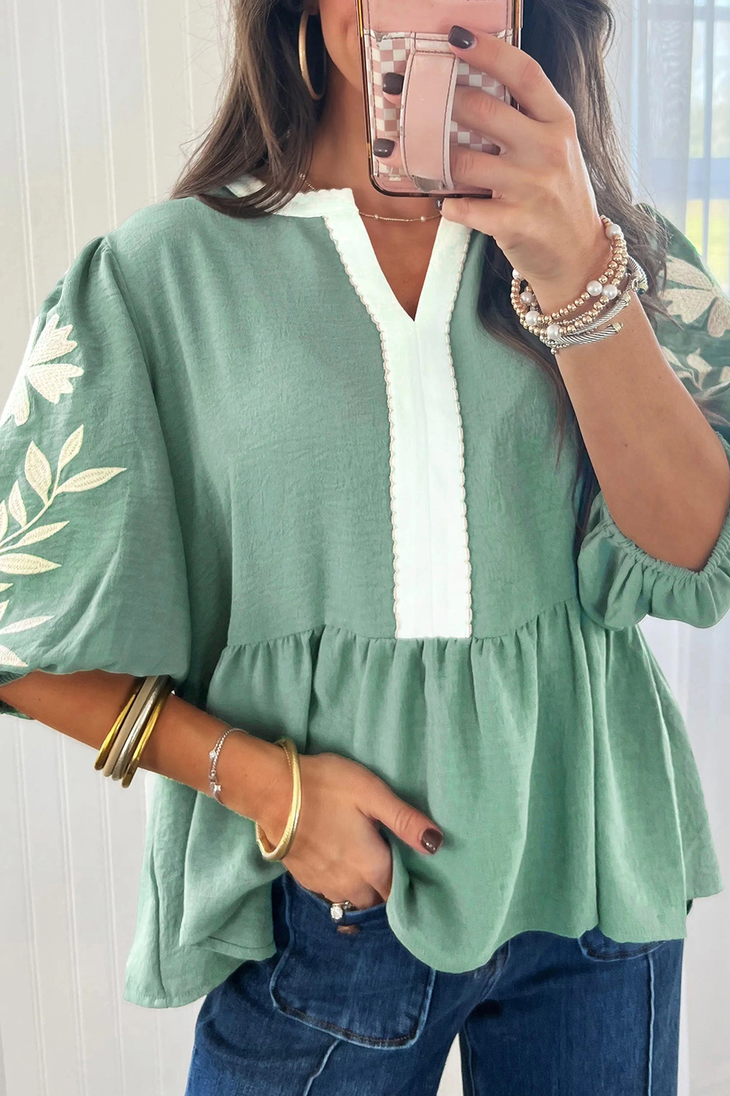 Threaded Pear Women's Joanna Puff Sleeve Babydoll Blouse