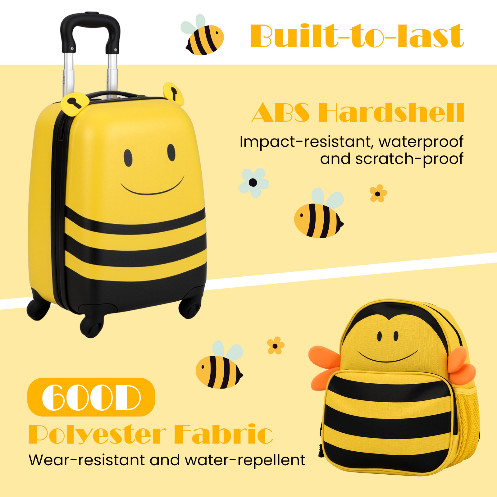 SUGIFT Kids 2-Piece Anti-Lose Rope Retractable Rod 2-Level Suitcase Backpack Luggage Set 4 Wheels Ages 3+ Yellow