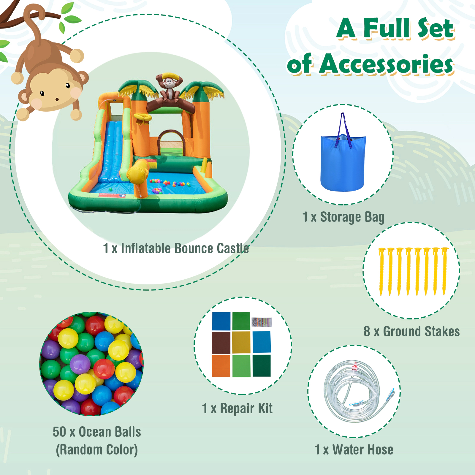SUGIFT 6-in-1 Monkey-Themed Inflatable Bounce House Castle with Slide 200-lb Capacity Ages 3-10 Multi-color