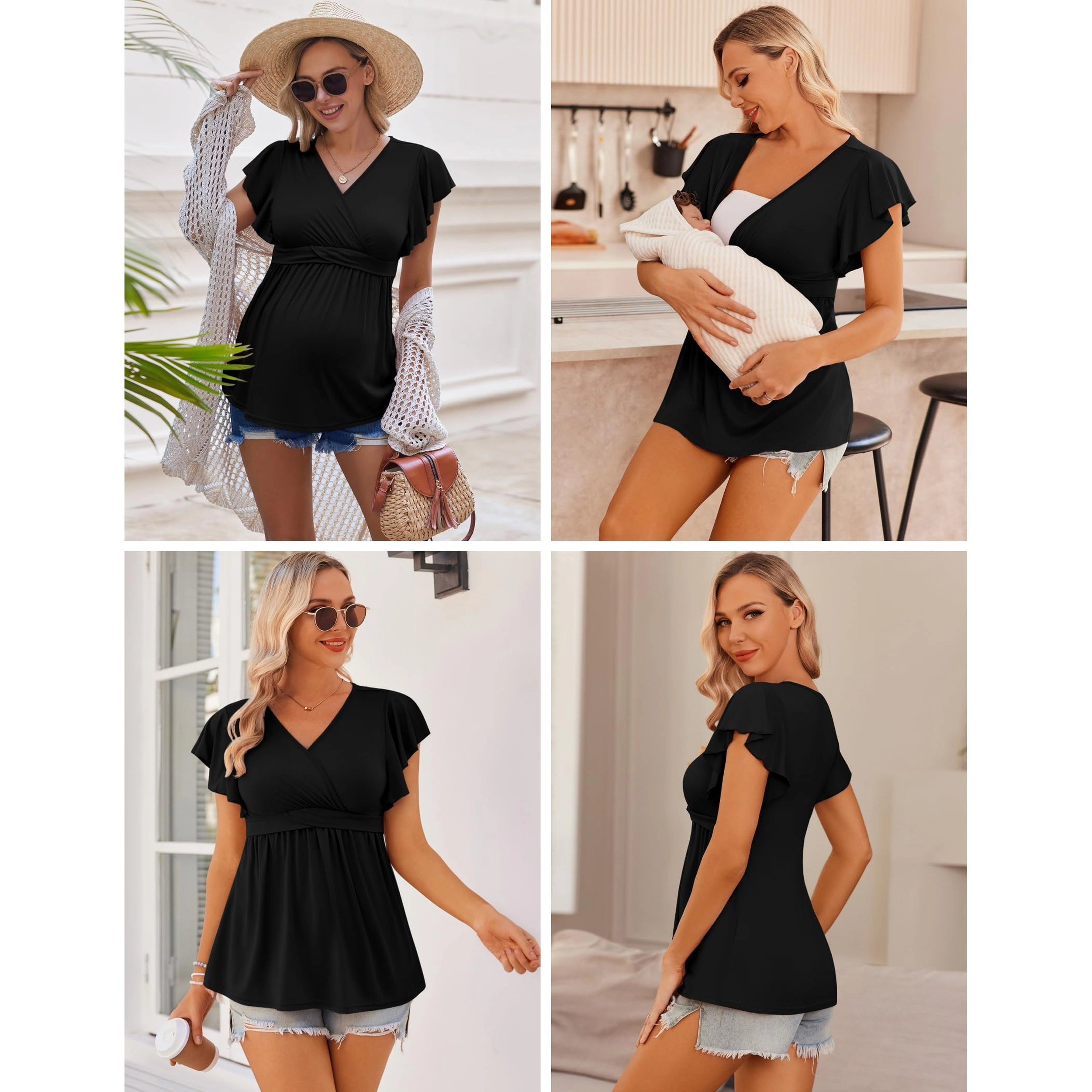 Ekouaer Women's V Neck Flutter Sleeve Wrap Maternity Tunic Blouse