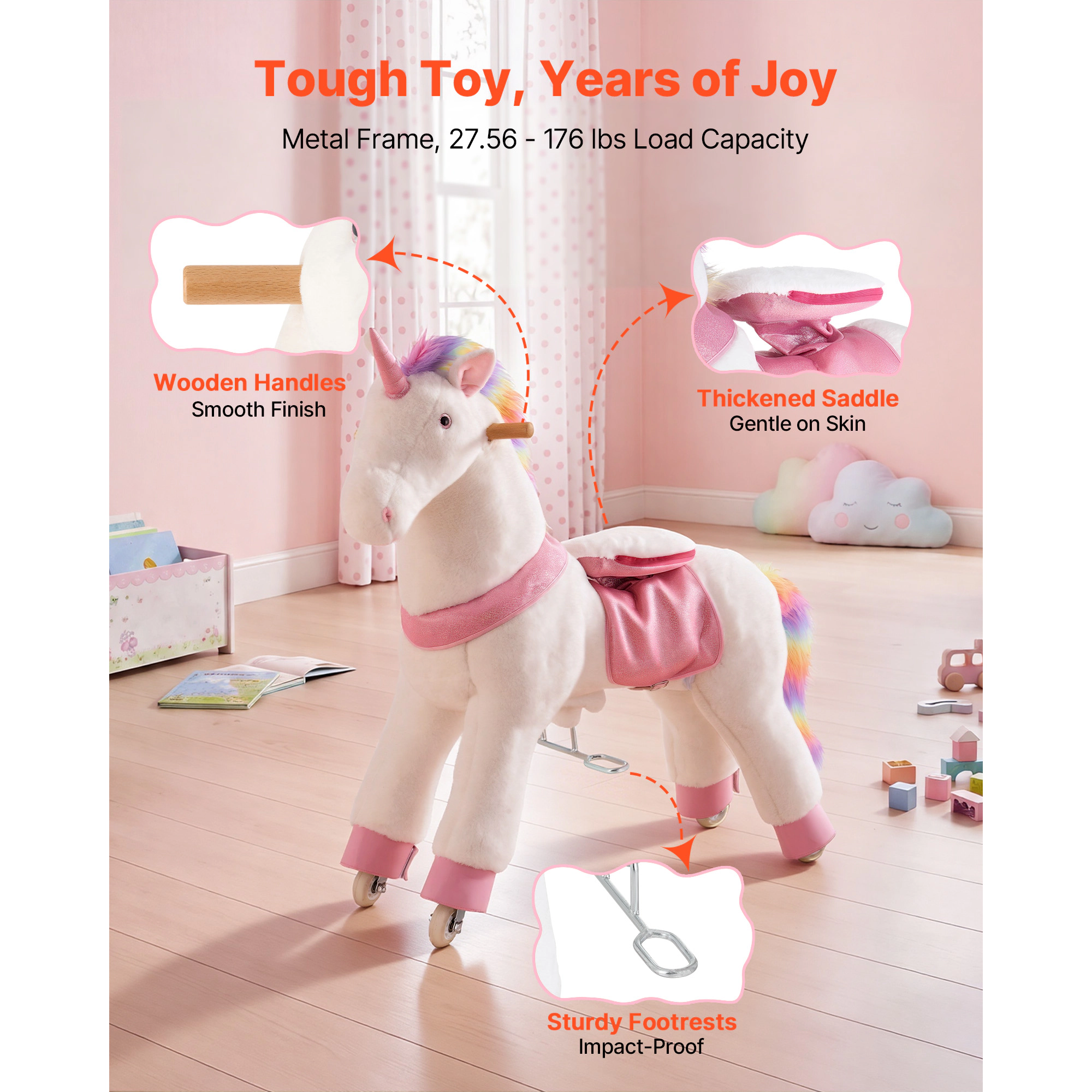 HONGGE Ride On Horse Riding Toys for Kids, No Battery Required, Smooth Wheels, Max Load Capacity for Ages