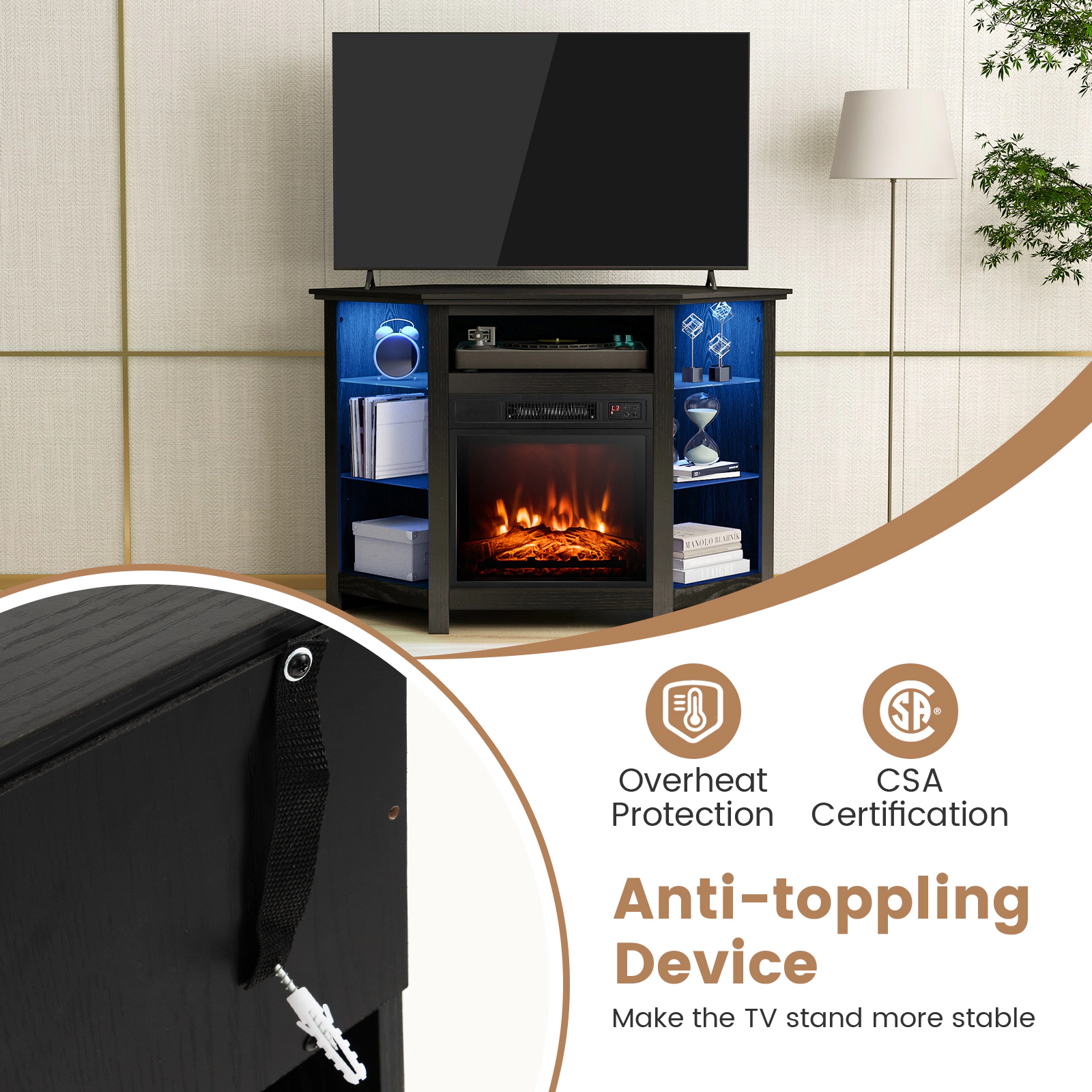 SUGIFT 45-in Corner Fireplace TV Stand with LED Lights & Smart APP Control 44-lb Countertop Capacity for 50-in TV Black