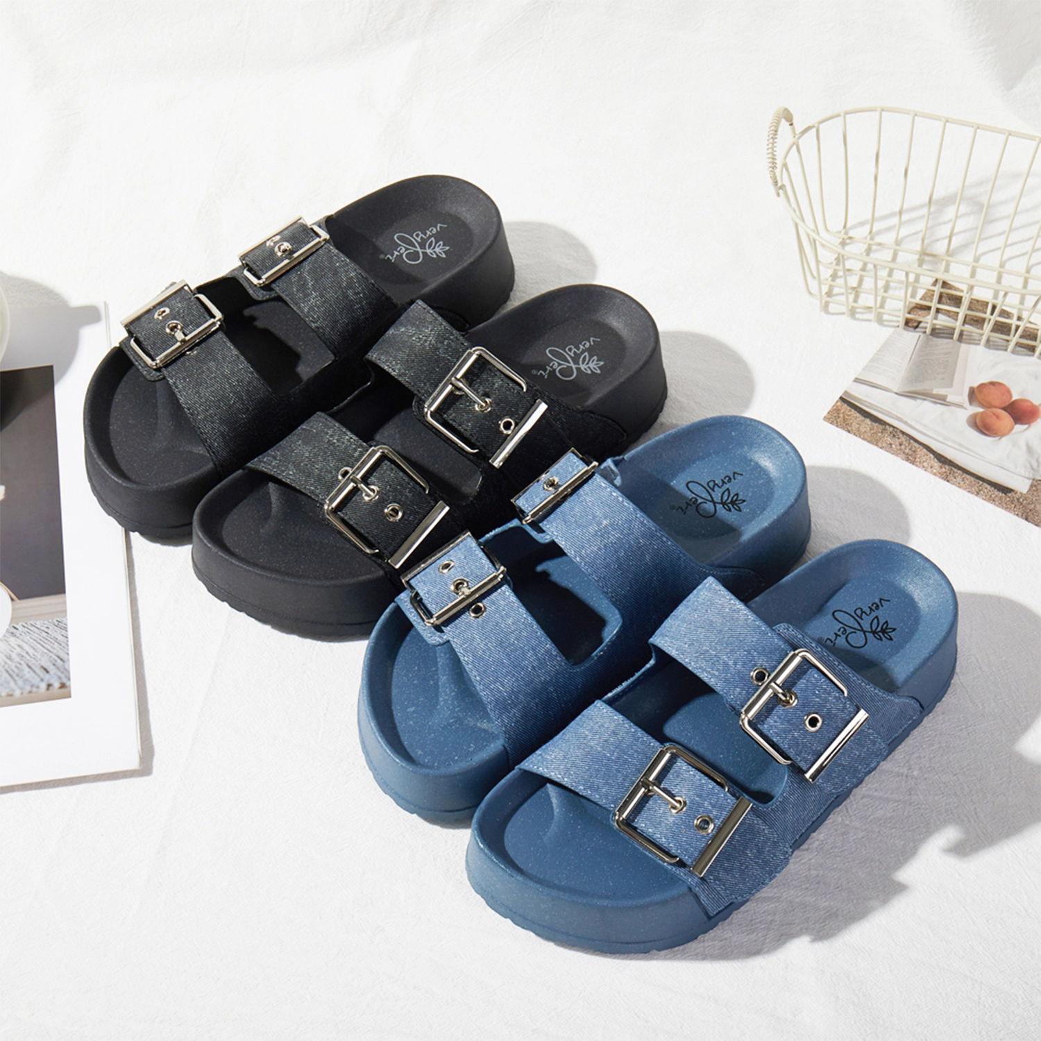 Roxoni Women's Open Toe Denim Double Adjustable Buckle Sandal Slipper