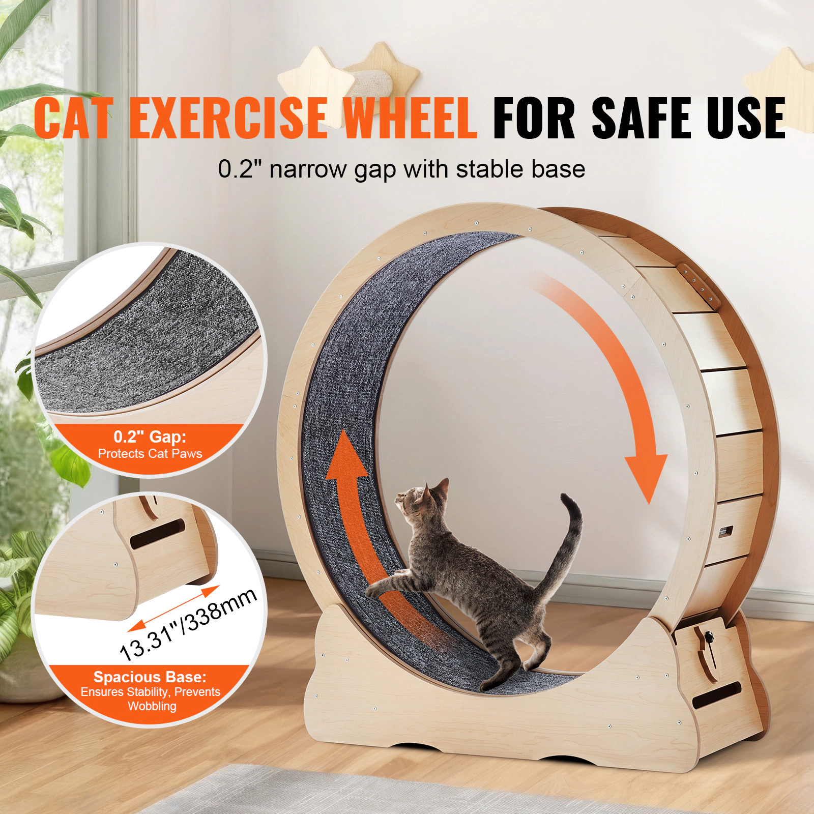 HONGGE Wooden Cat Exercise Wheel Large Cat Treadmill Wheel for Indoor Cats Cat Running Wheel with Detachable Carpet &