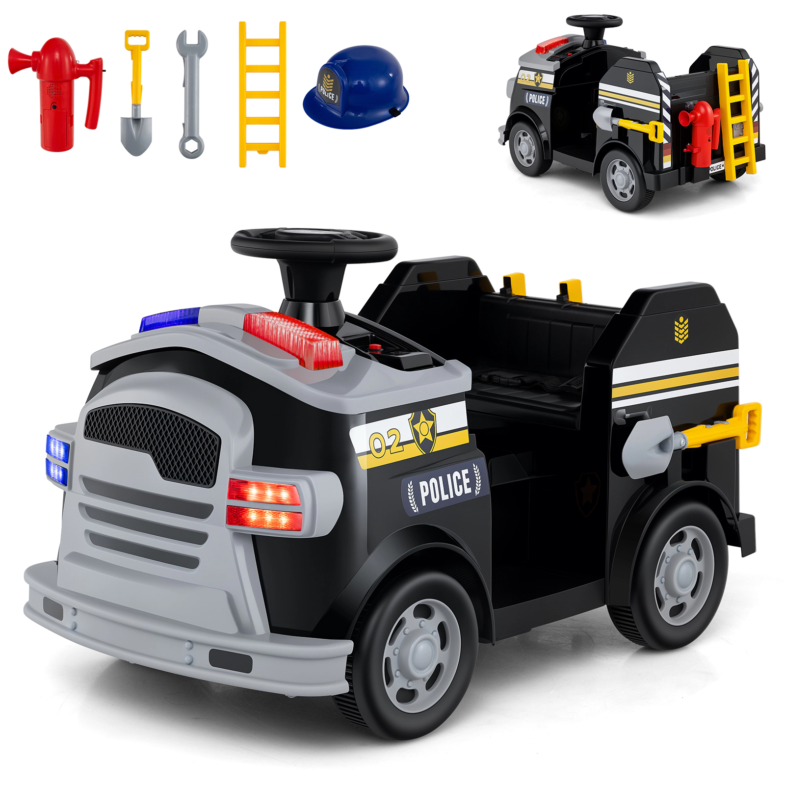 LJG 12V Toddler Fire Toy Car with Shovel and Wrench for Ages 37-95 Months